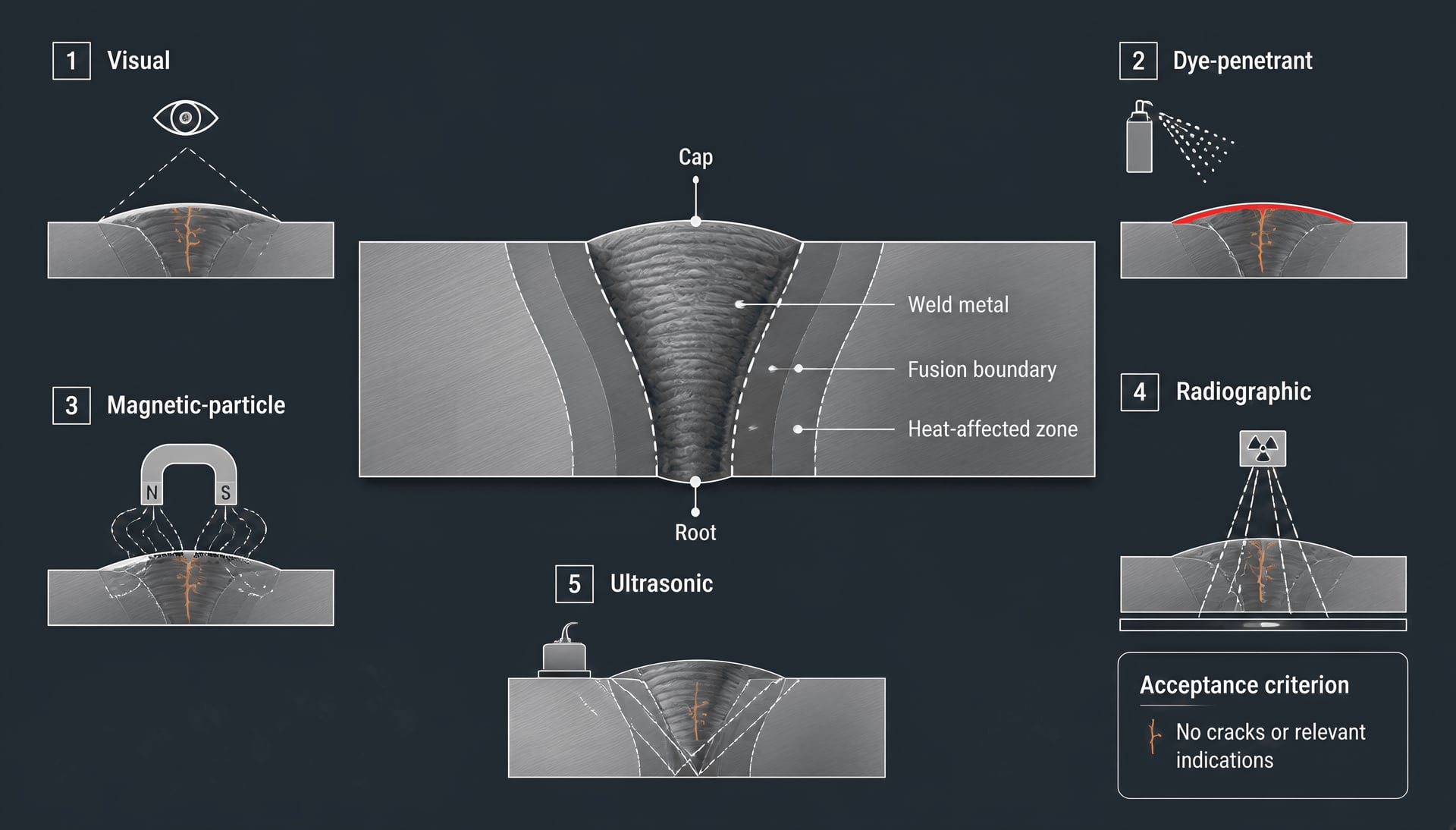 Cross-section of a steel weld with different nondestructive examination paths