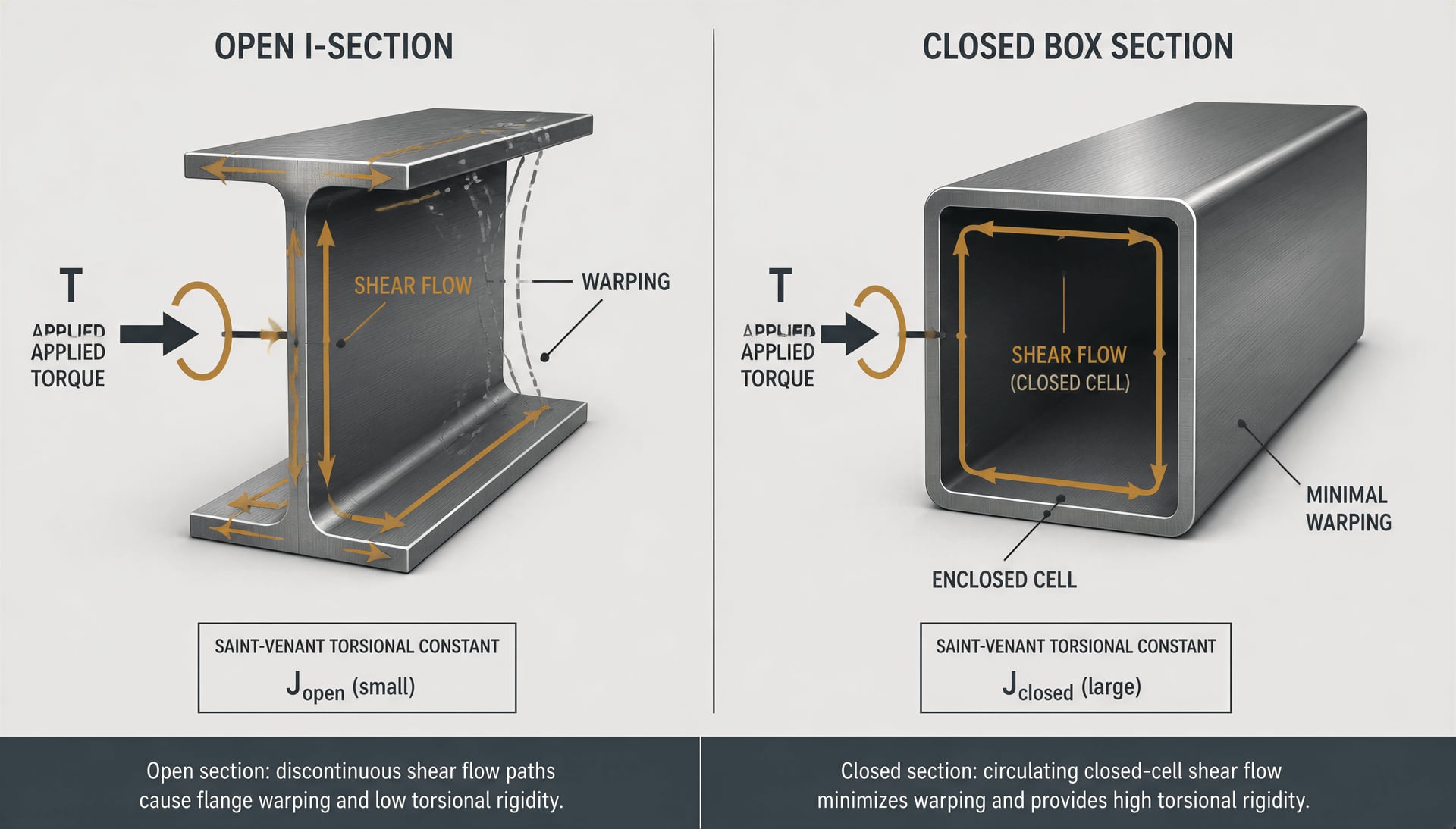 Open I-section and closed box section compared under torsional loading.