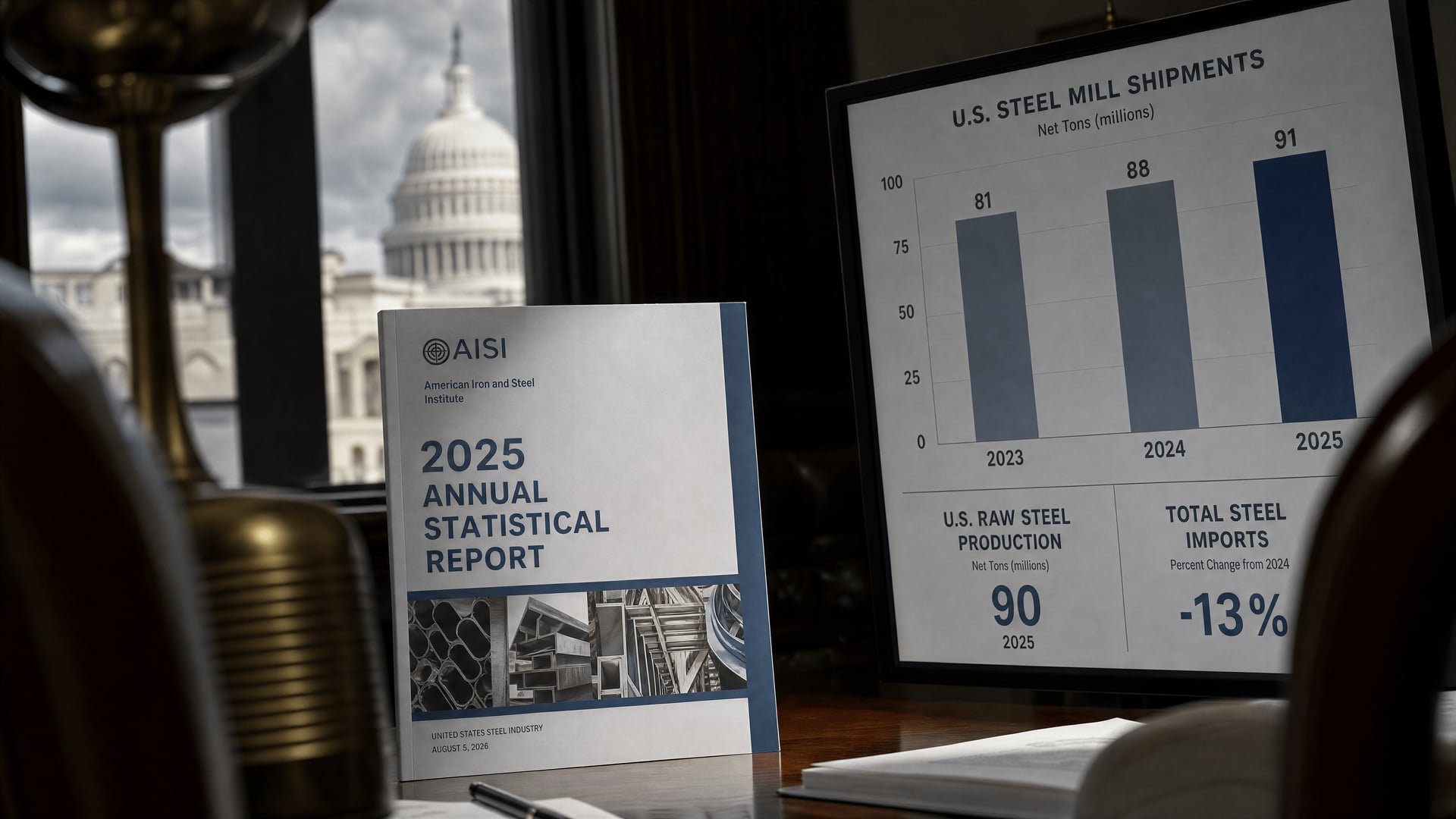 AISI 2025 Annual Statistical Report beside US steel shipment charts in Washington, D.C.