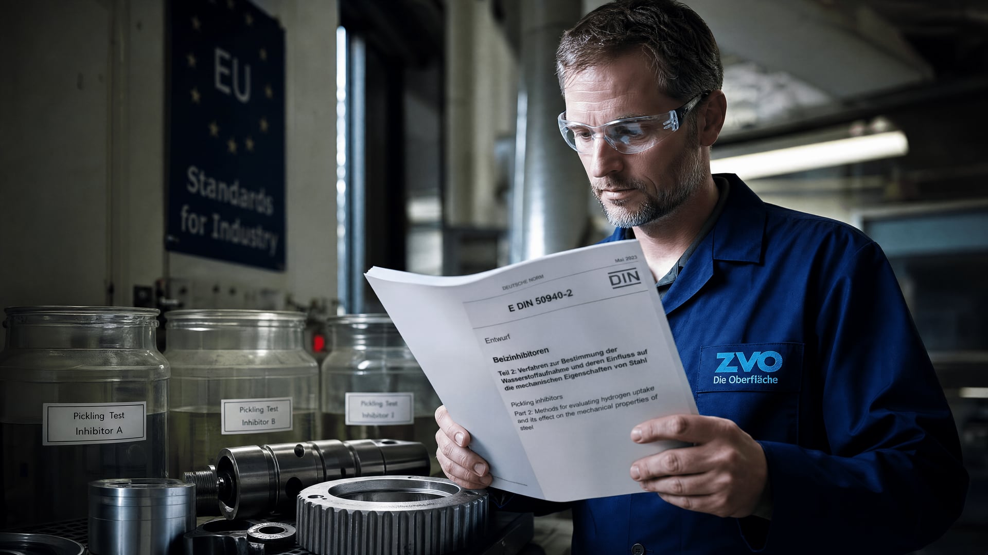 Engineer reviewing E DIN 50940-2 beside steel components and pickling test containers