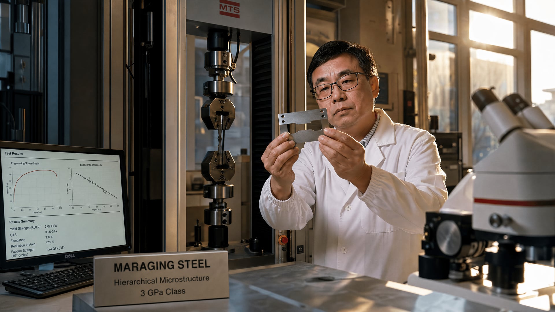 Metallurgist examines a polished maraging-steel specimen beside a tensile-testing machine