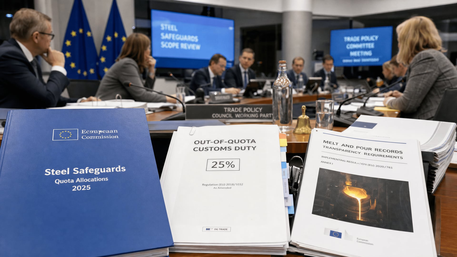 EUの鉄鋼割当および溶解・鋳造に関する書類が置かれたブリュッセルの貿易政策会議室