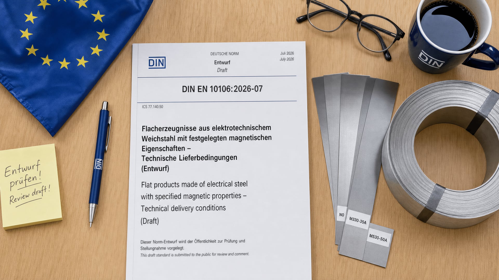DIN EN 10106:2026-07 draft document beside cold-rolled electrical steel strip samples