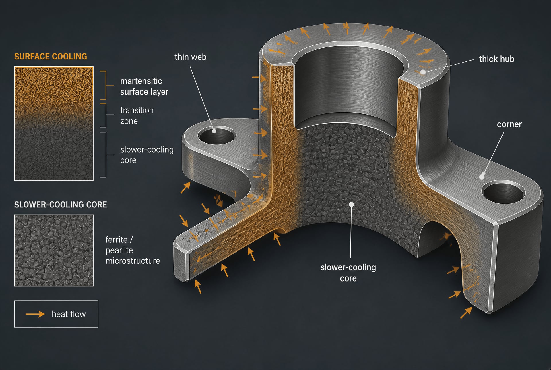 Cutaway steel component showing different cooling paths in thin and thick sections