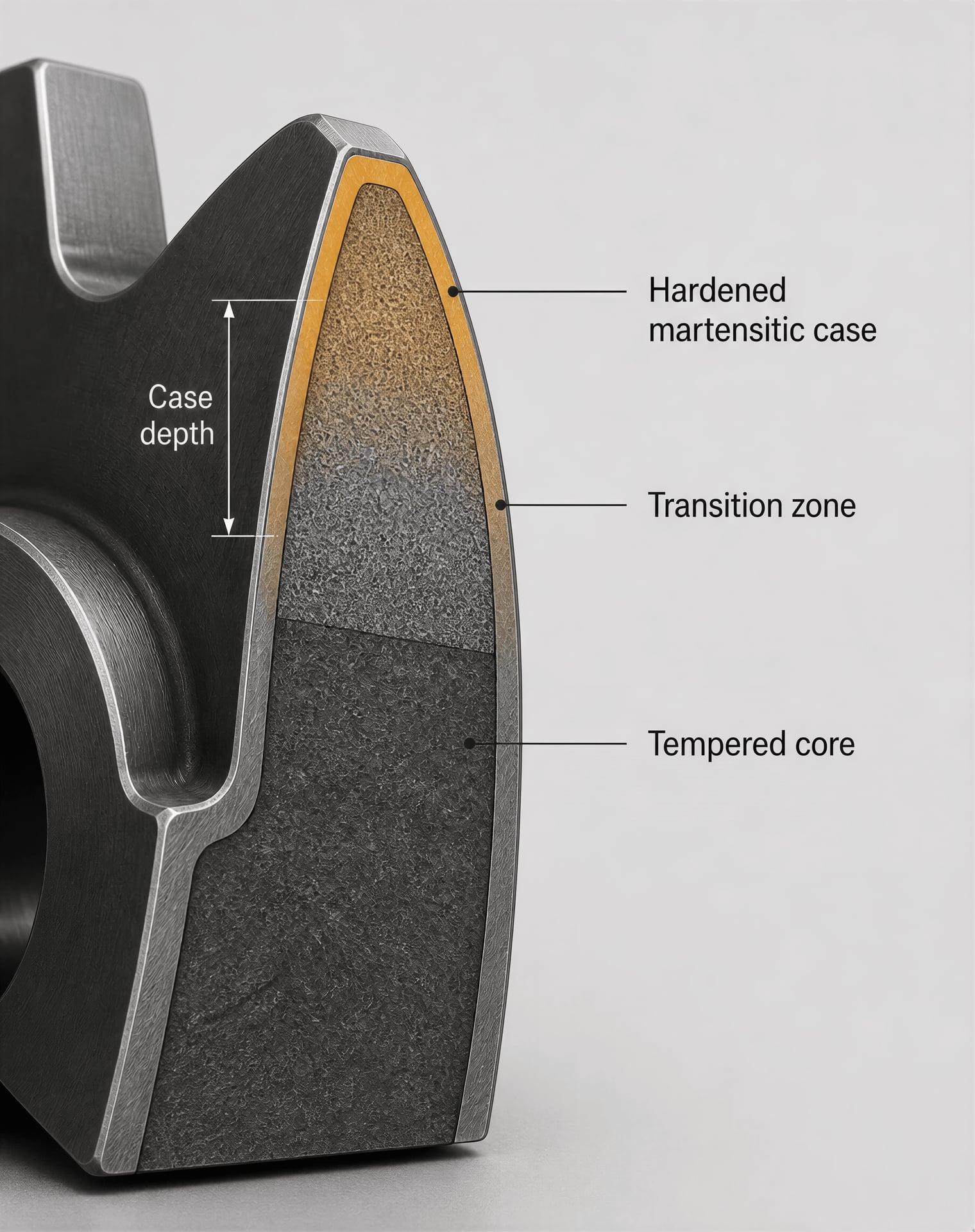 Cutaway gear tooth showing a hardened case and tougher core