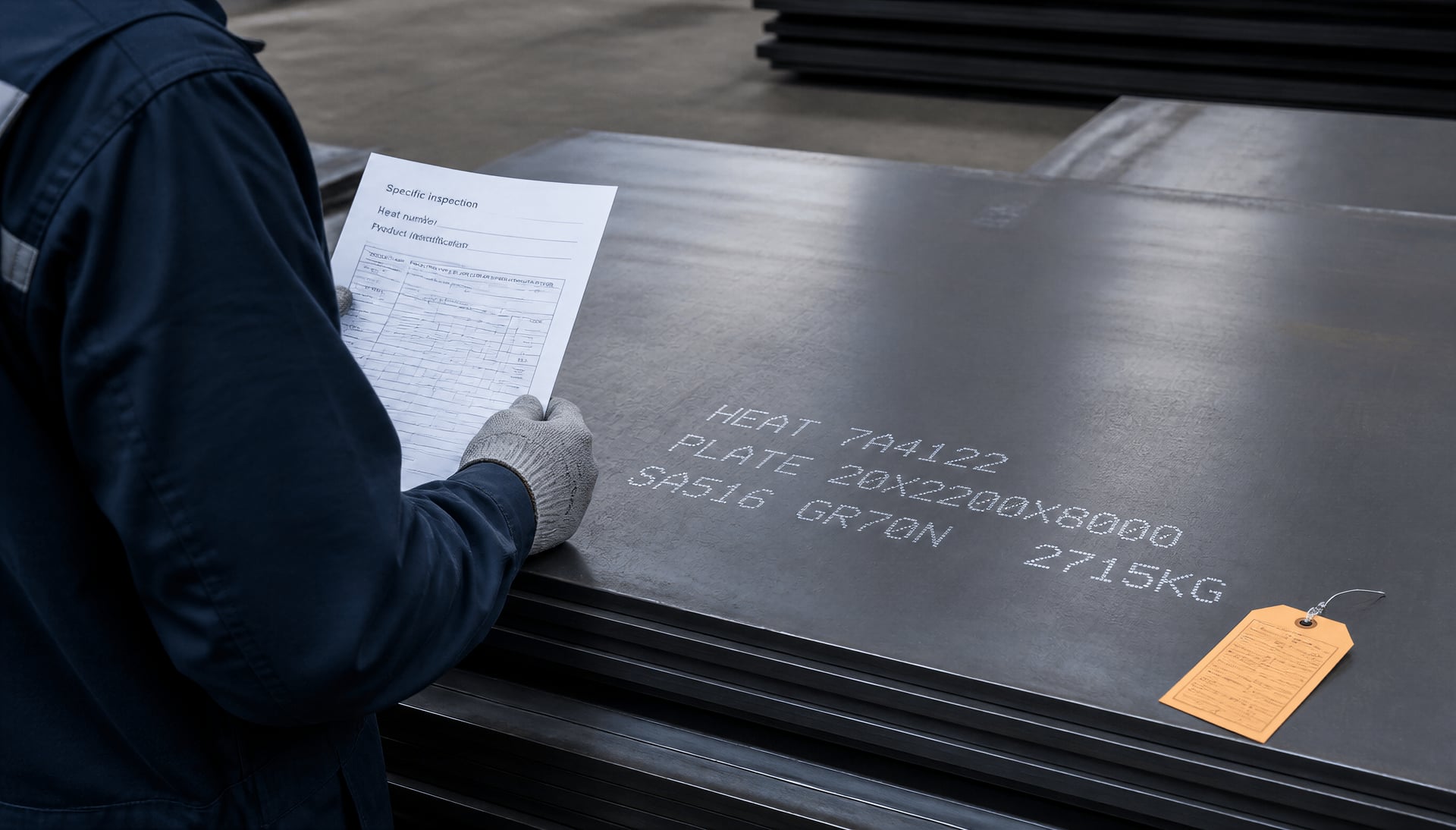 An inspector matches a steel plate marking with its mill test certificate