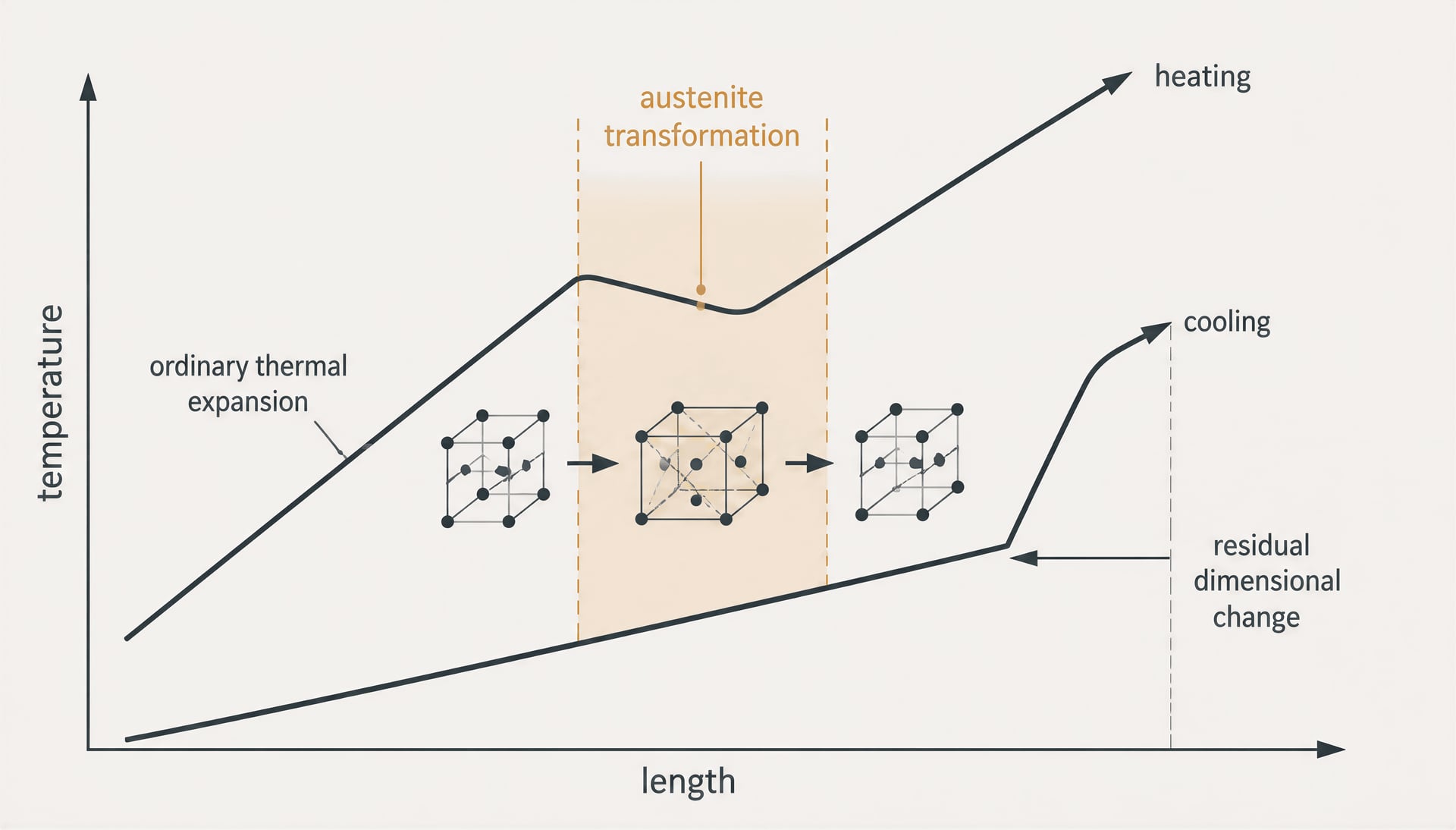Illustrated heating and cooling paths showing phase transformation and residual dimensional change in carbon steel.