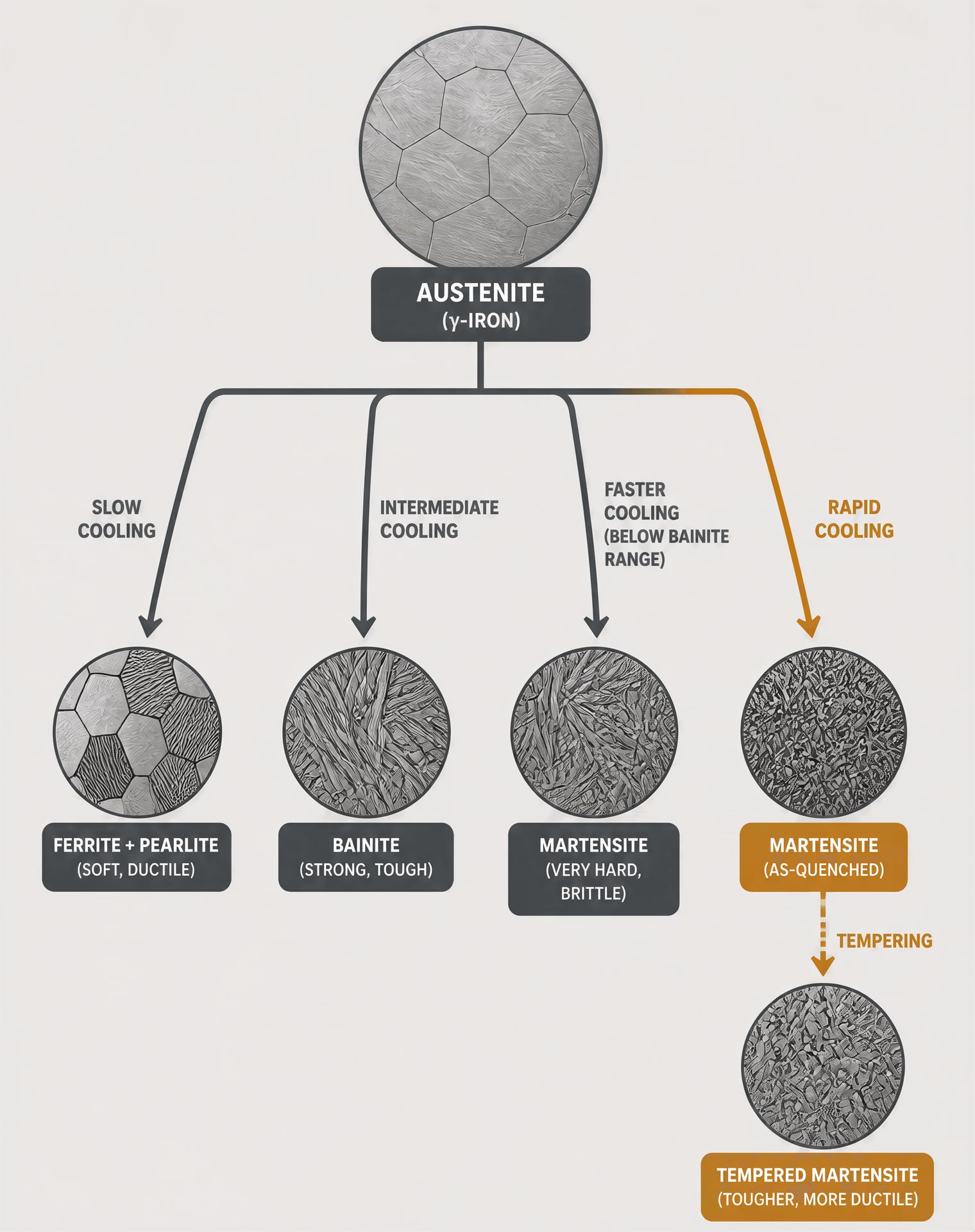 Diagram showing austenite transforming into ferrite, pearlite, bainite, or martensite