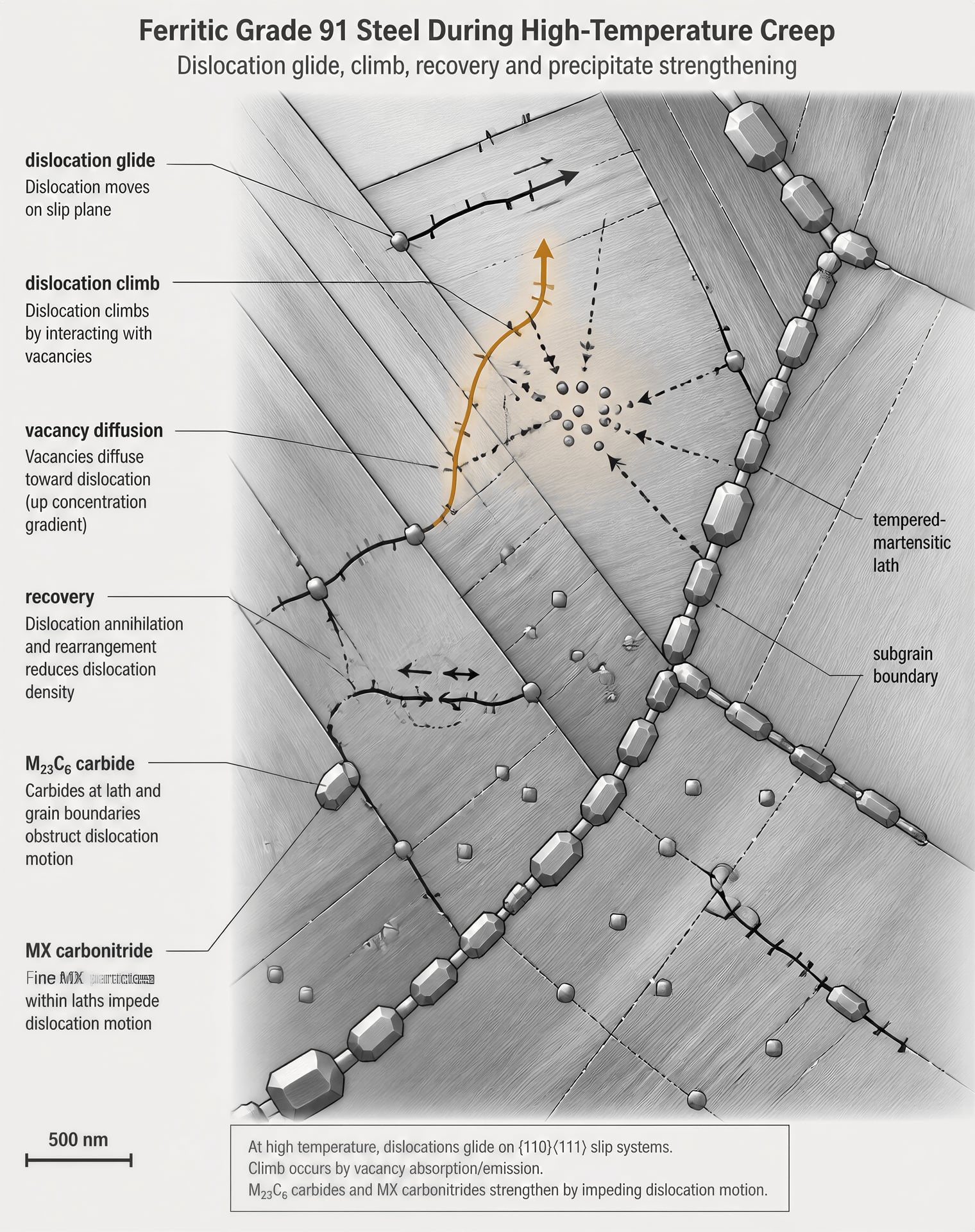 Schematic of dislocation motion and recovery around precipitates in Grade 91 steel