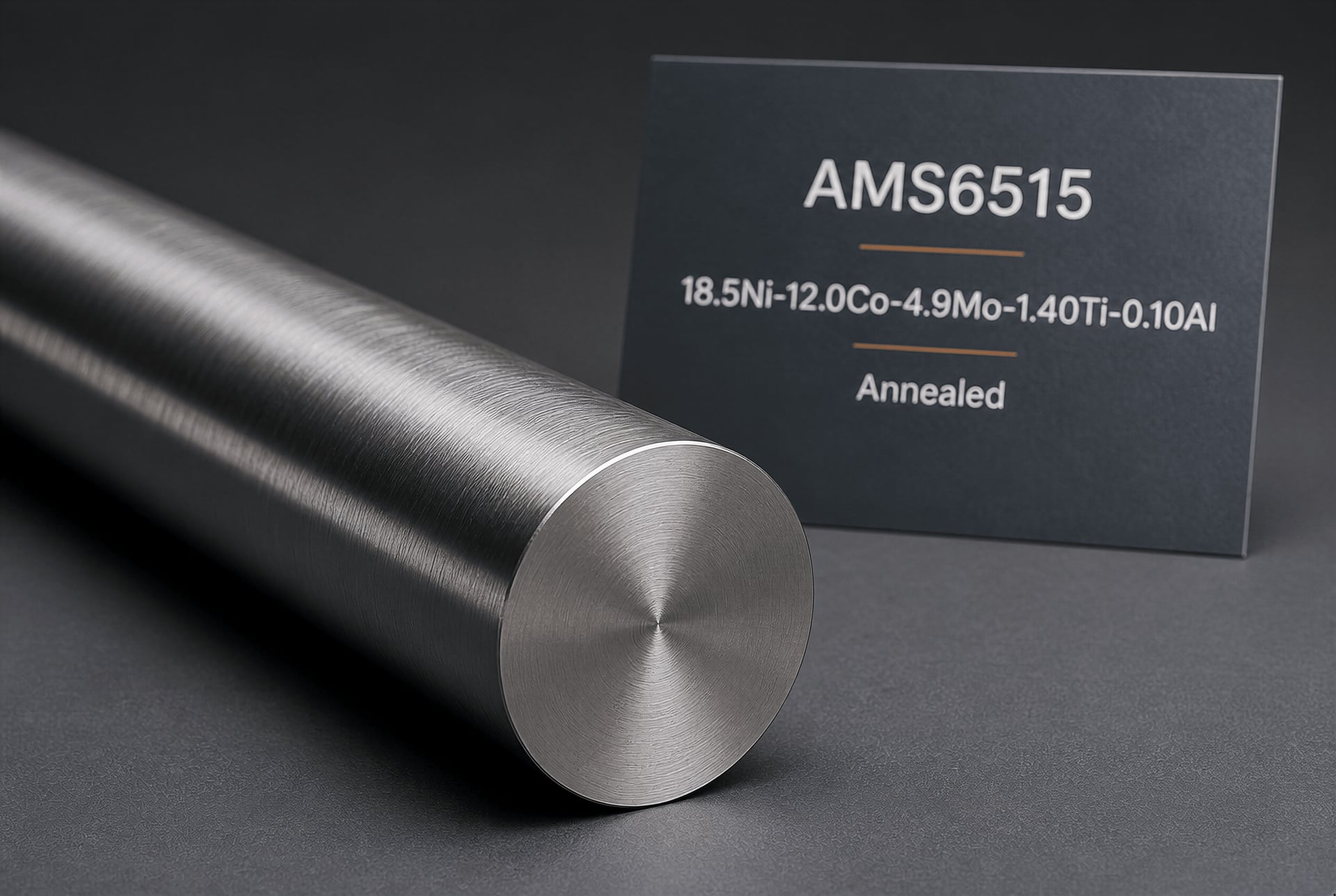 قضيب من فولاذ ماراجينغ AMS6515 في الحالة الملدنة بجوار تعيين السبيكة