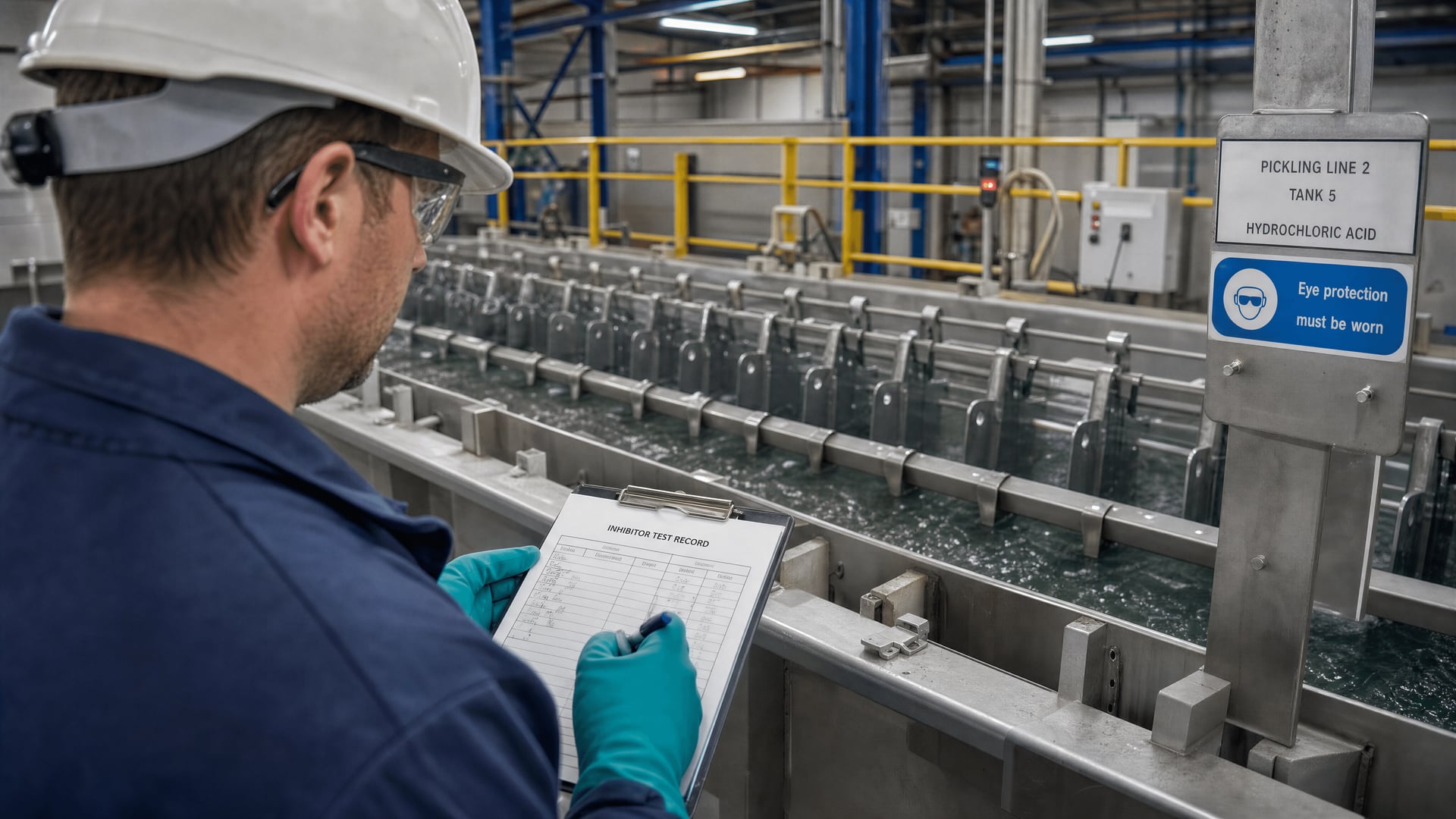 Technician monitoring pickled steel components and inhibitor test records during coating-process control