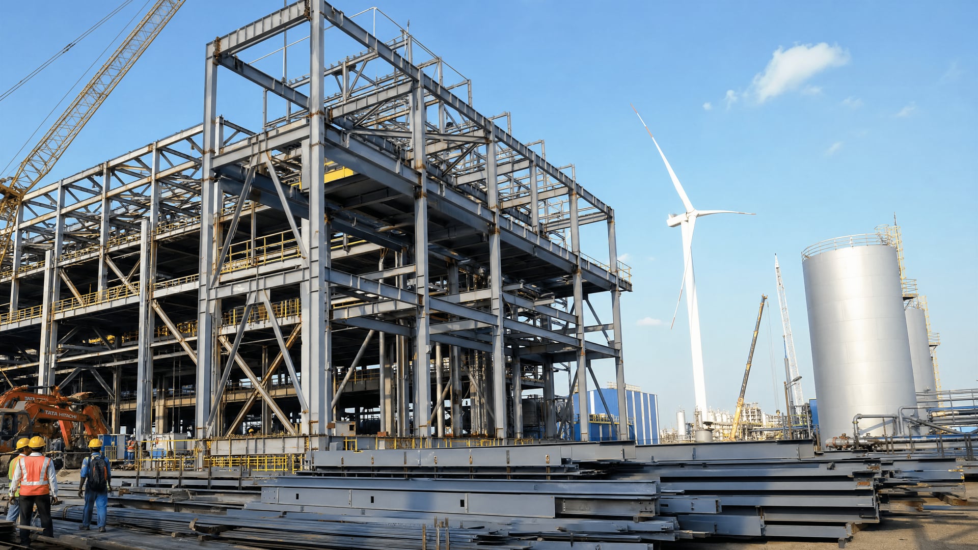 Steel structures and renewable-energy equipment at an Indian industrial construction site