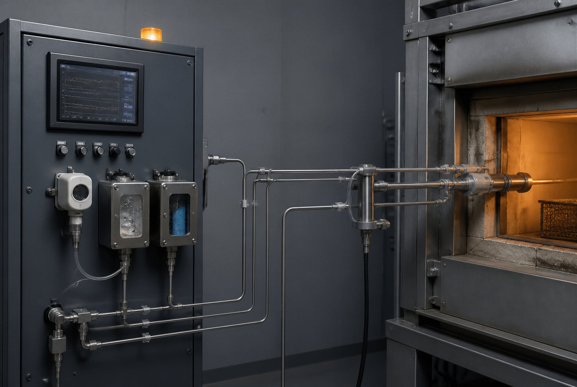 Atmosphere sensors and sampling lines connected to a heat-treatment furnace.