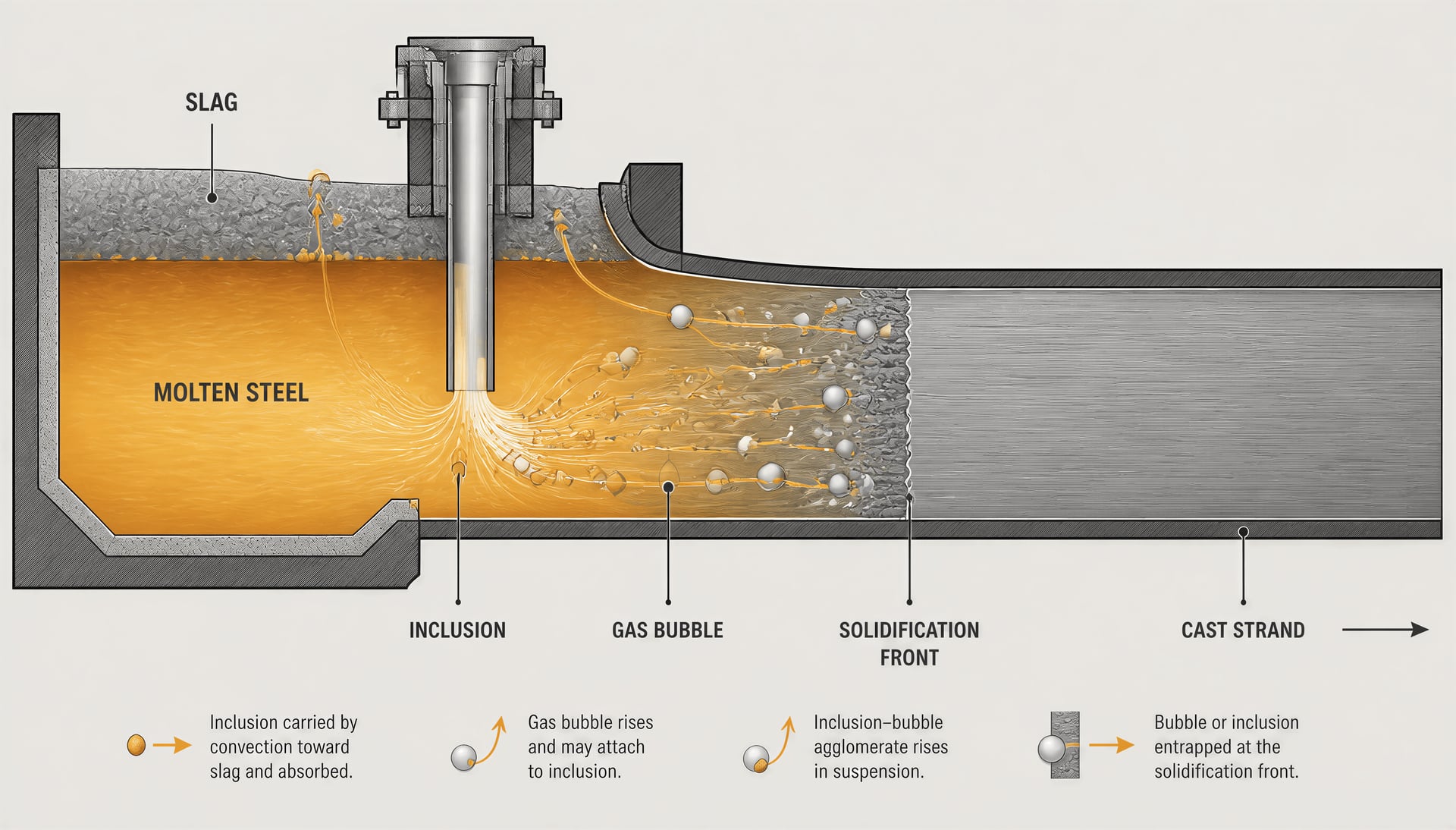 Schematic of inclusions floating, attaching to bubbles, or becoming trapped during continuous casting.