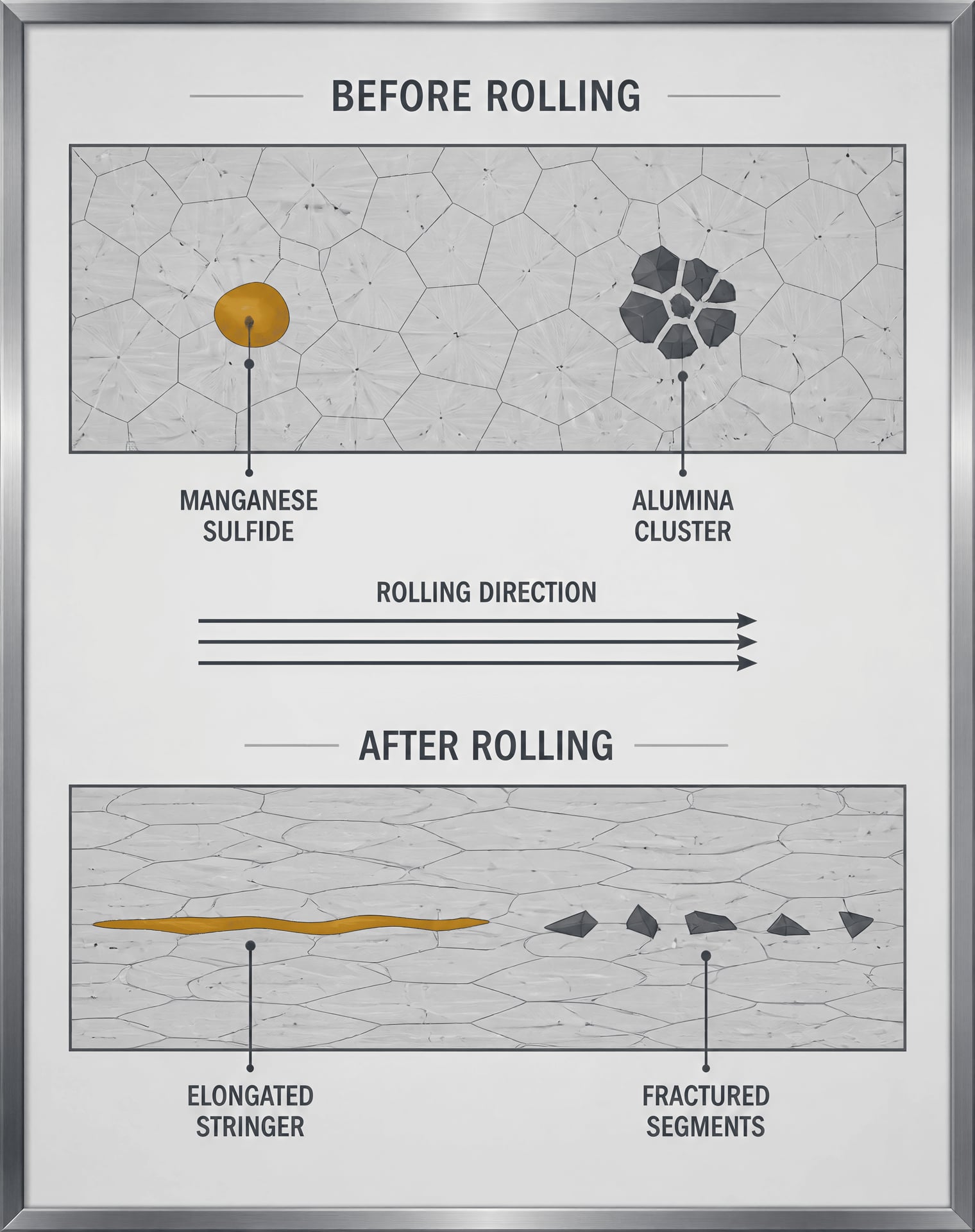 Diagram showing manganese sulfide elongation and alumina fragmentation during rolling.
