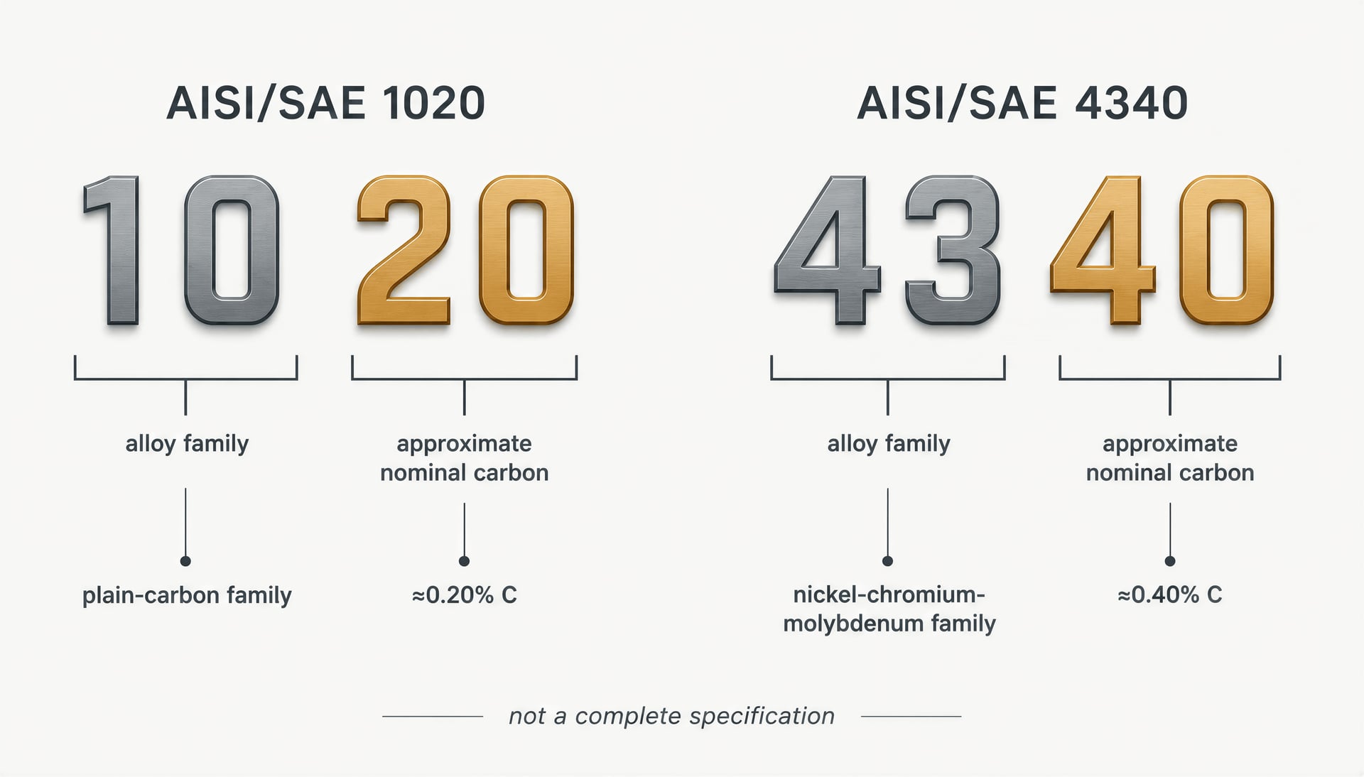 Schematic decoding the alloy-family and carbon-content parts of AISI/SAE 1020 and 4340