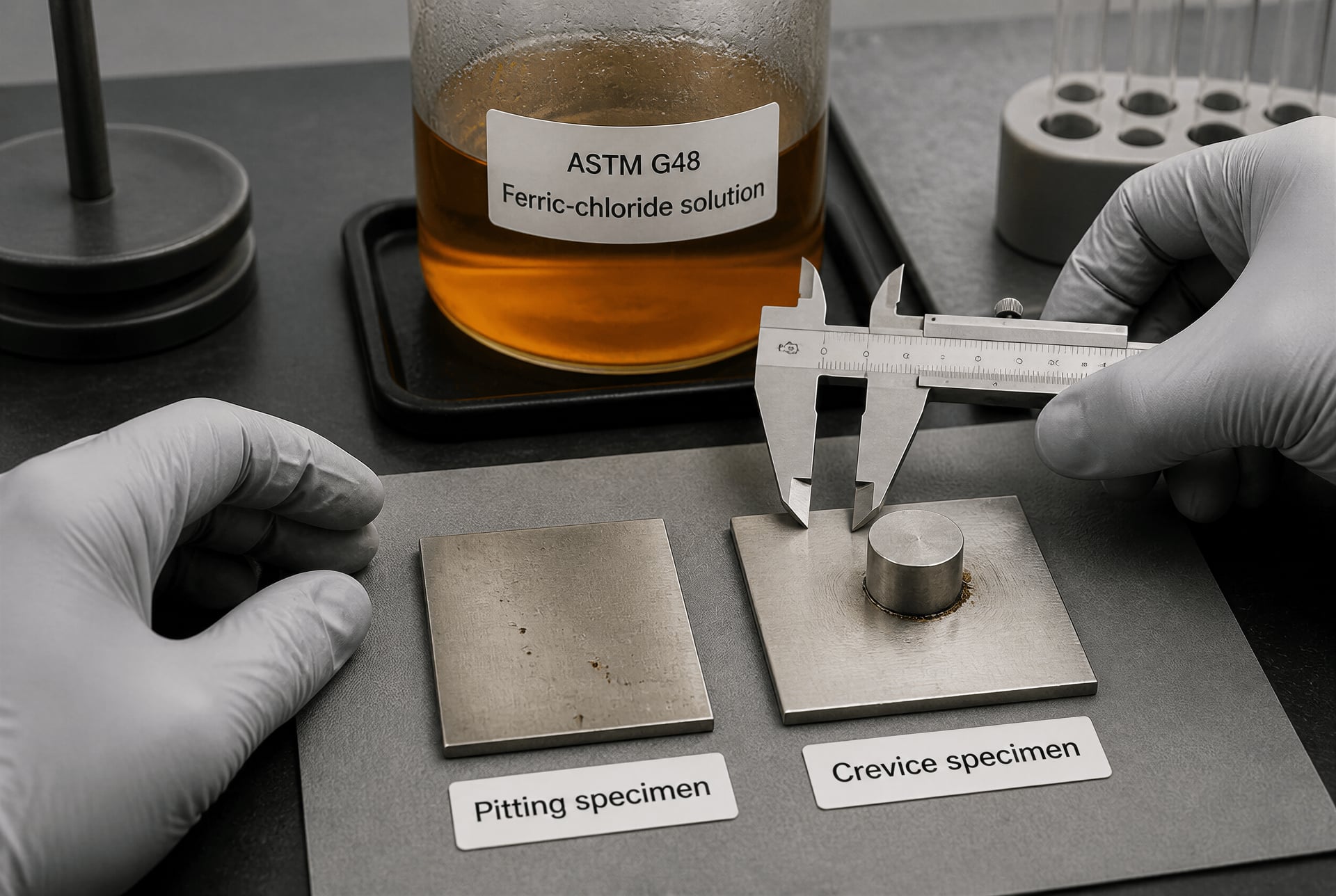 Technician examining stainless-steel coupons after ferric-chloride pitting and crevice testing.