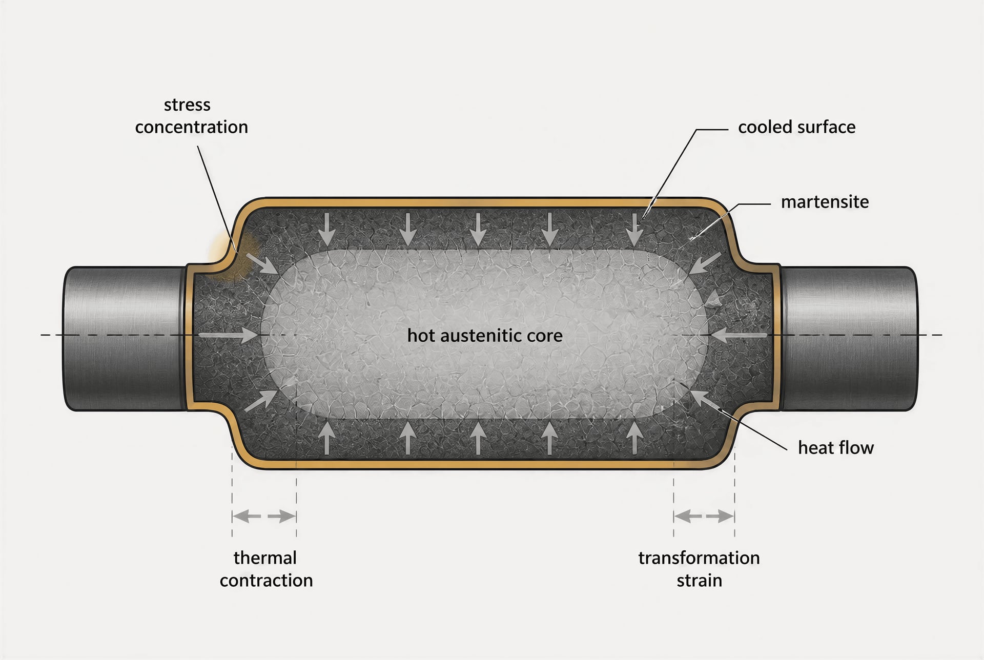 Shaft cross-section showing surface cooling, a hot core, and transformation stresses
