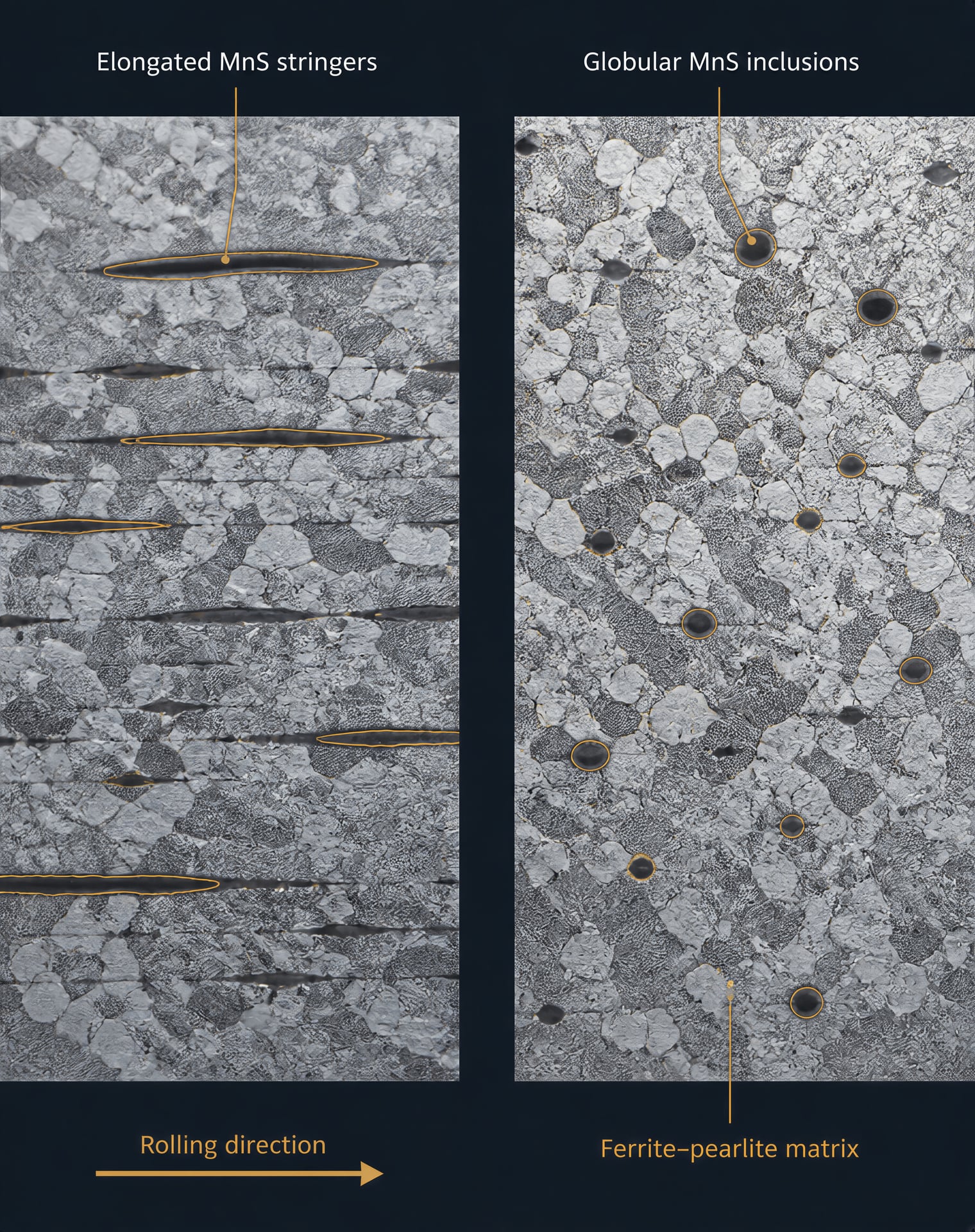 Metallographic comparison of elongated MnS stringers and globular MnS inclusions.