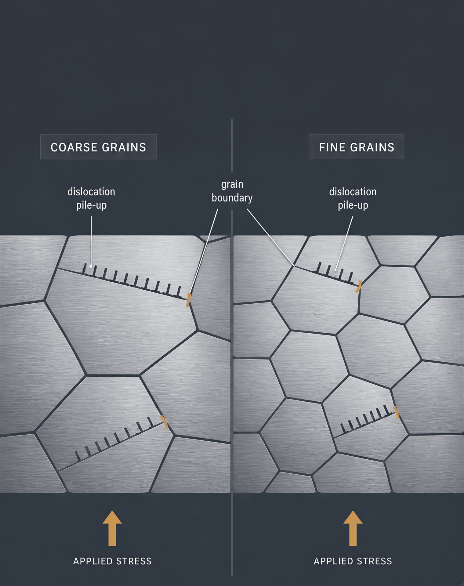 Comparison of dislocation pile-ups in coarse-grained and fine-grained ferrite.