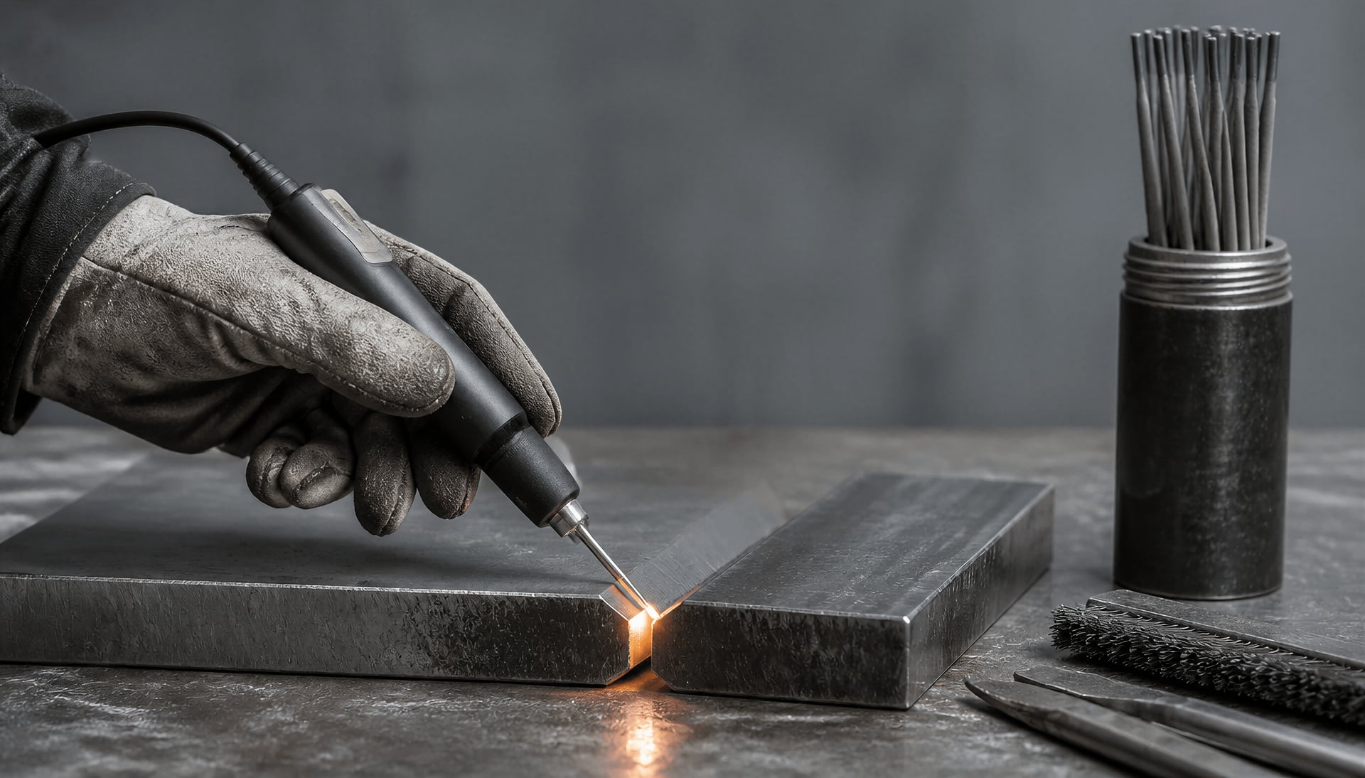 Technician checking preheat on a clean steel joint beside stored low-hydrogen electrodes.