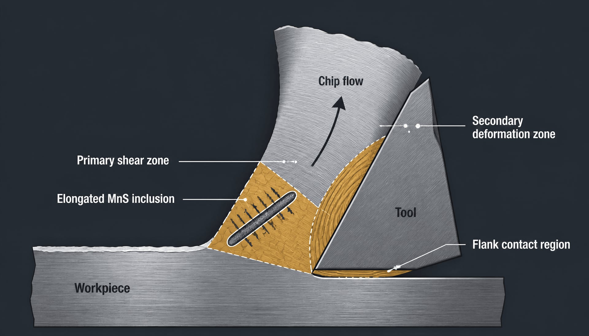 Diagram of cutting zones around a tool, chip, workpiece, and elongated MnS inclusion.