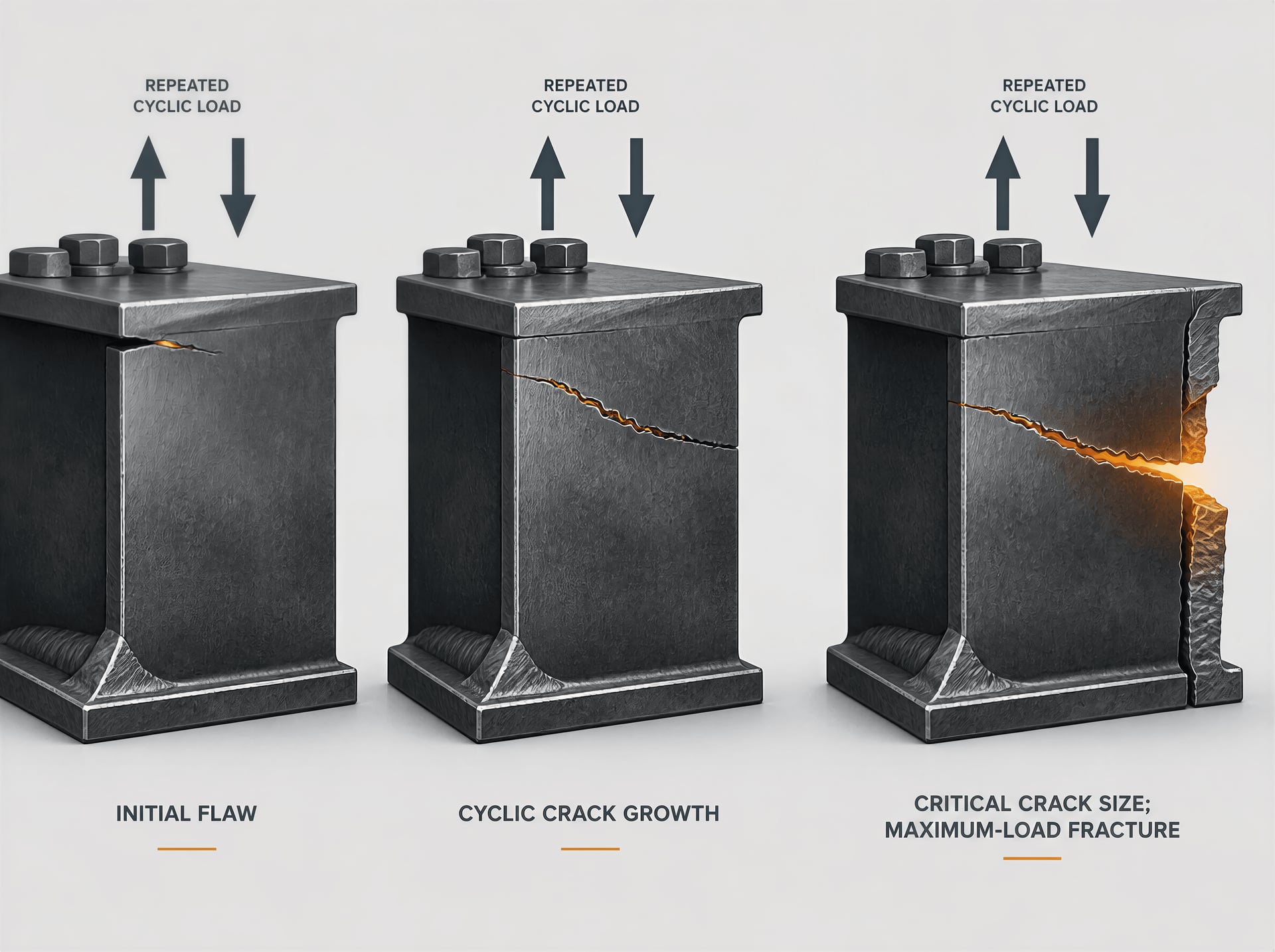 Illustration of fatigue crack growth progressing to final fracture in a steel plate