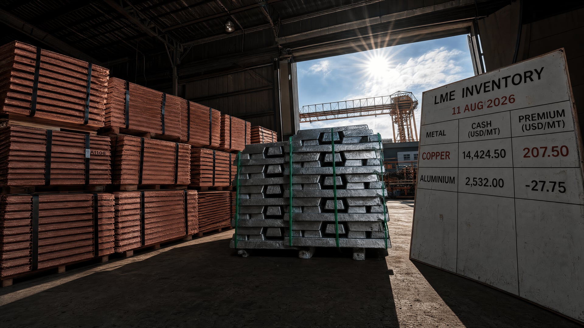 Copper cathodes and aluminium ingots beside an inventory board in a metals warehouse