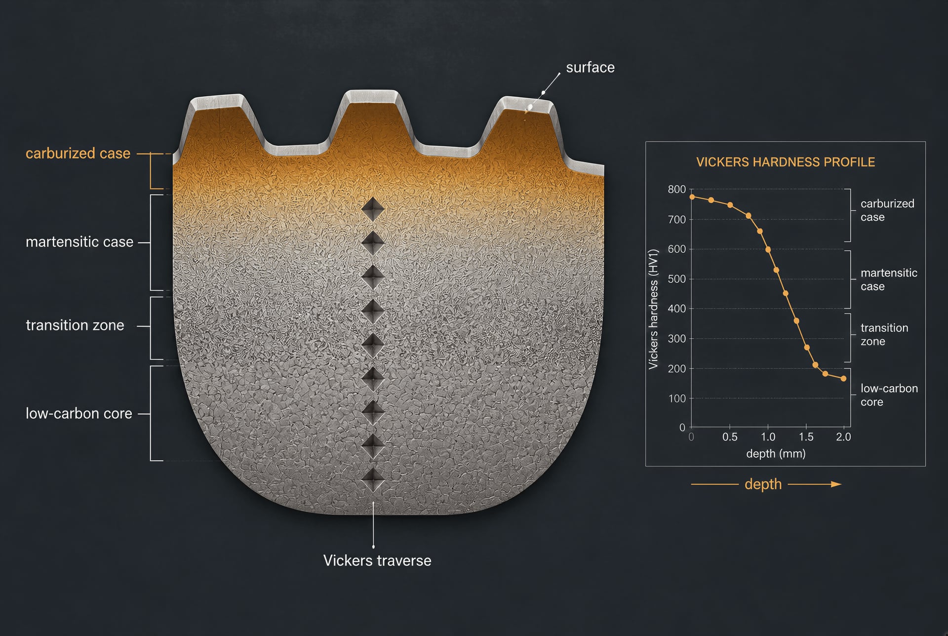 Carburized steel cross-section showing a hard case, transition zone, soft core, and Vickers traverse