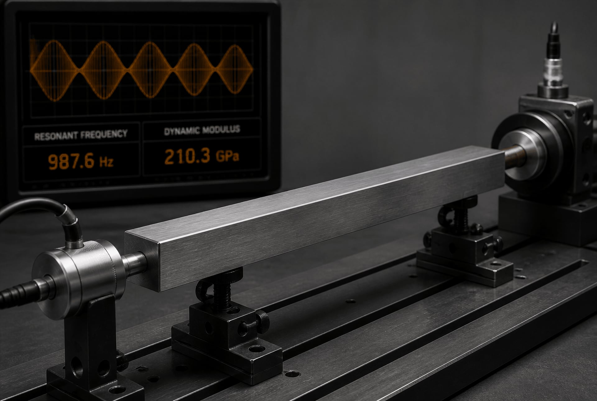 Steel test bar positioned on nodal supports for a sonic-resonance modulus measurement.
