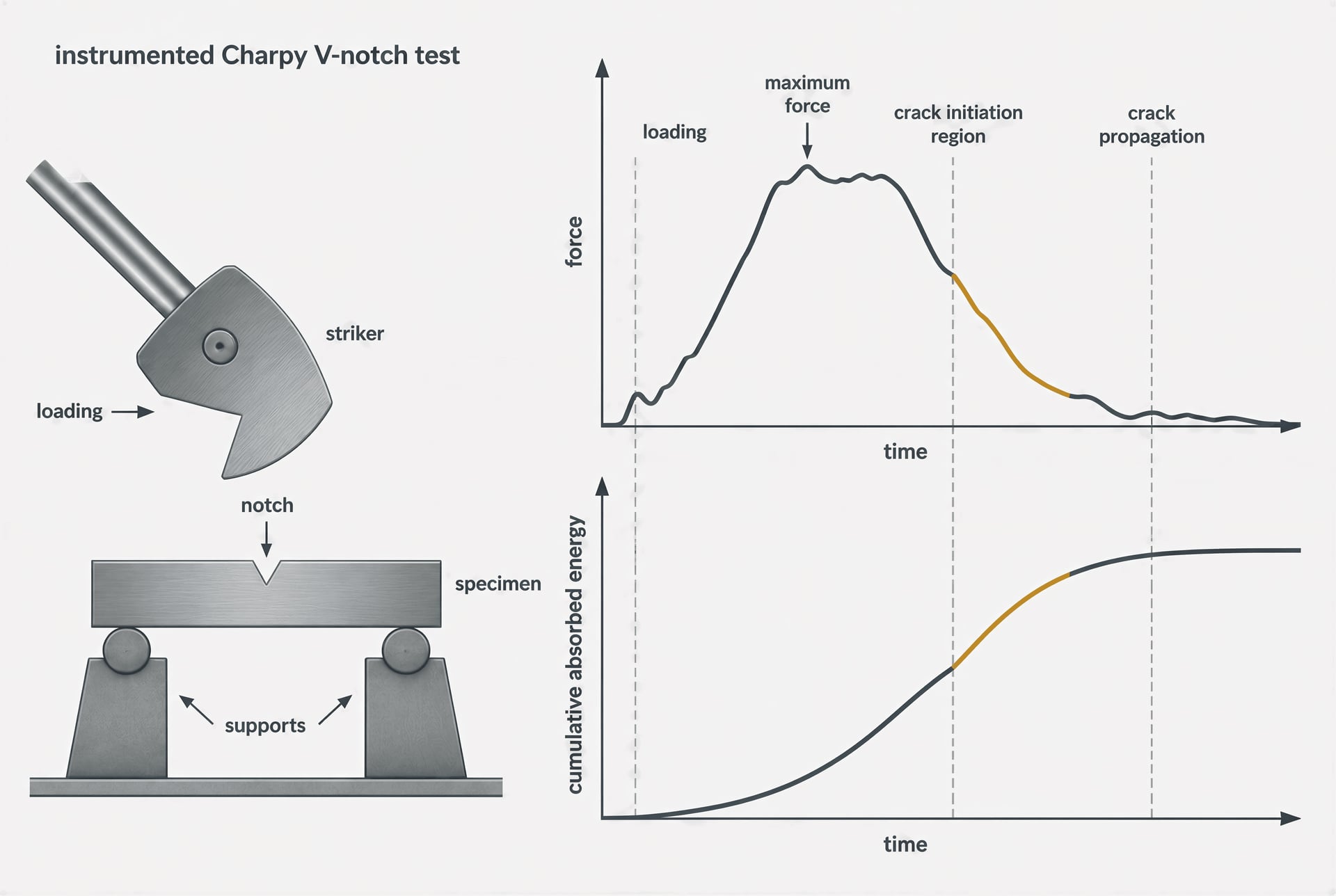Instrumented Charpy diagram with force and cumulative-energy traces