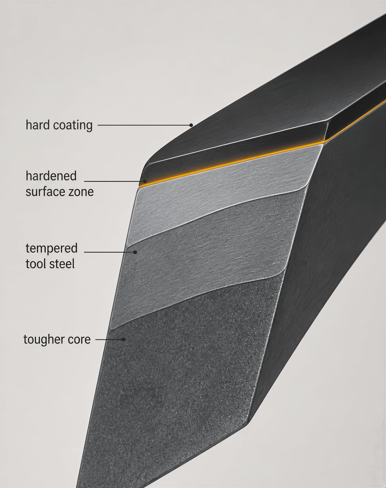 Layered cross-section of a coated tool-steel cutting edge