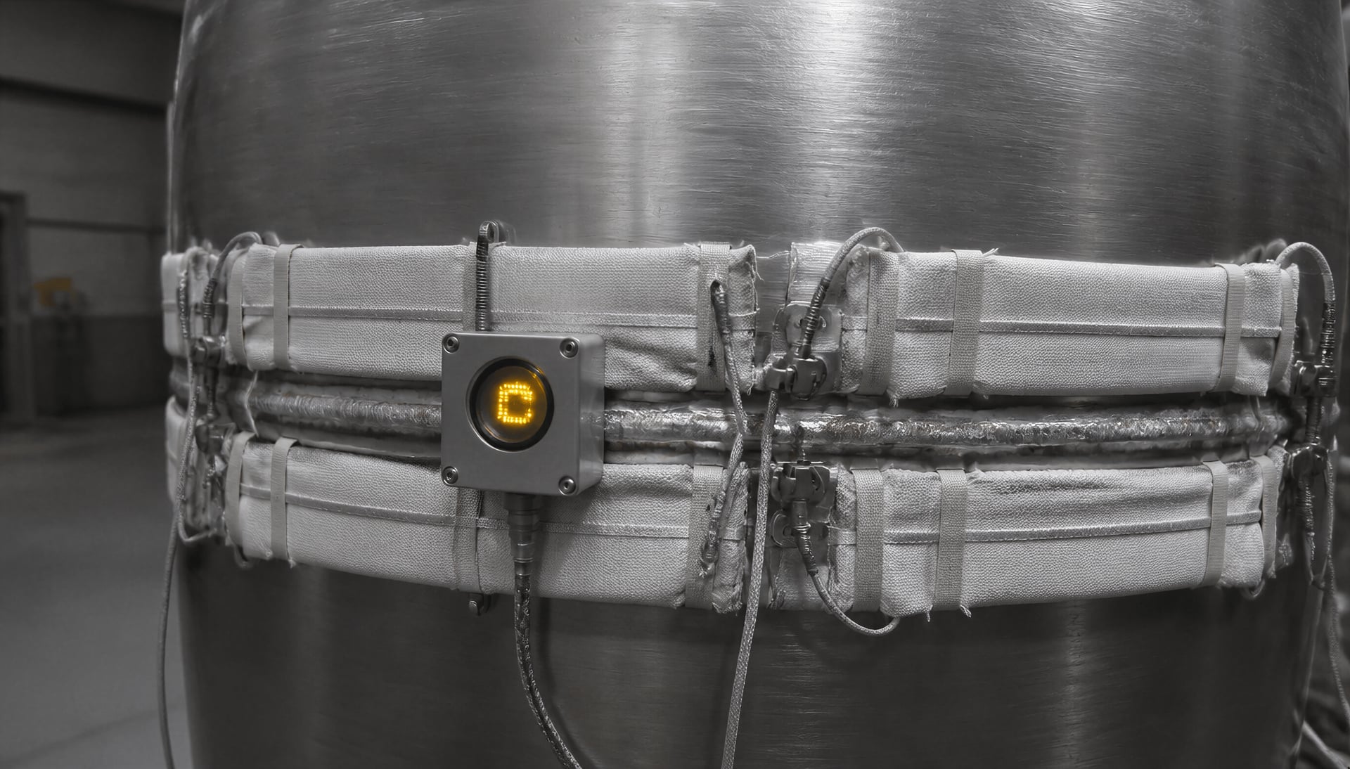 Heating blankets and thermocouples holding a thick steel repair weld at controlled postheat temperature