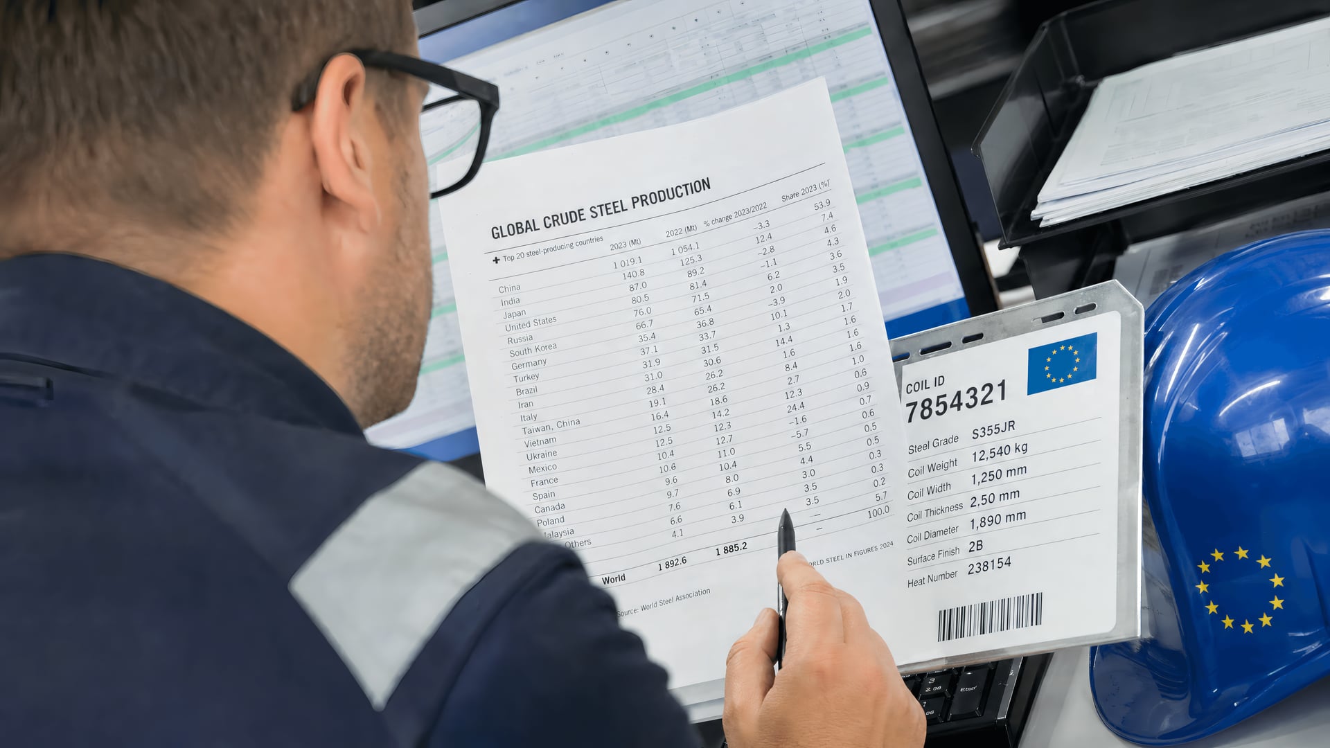 EU steel procurement engineer reviewing global output data beside labelled steel coil documents