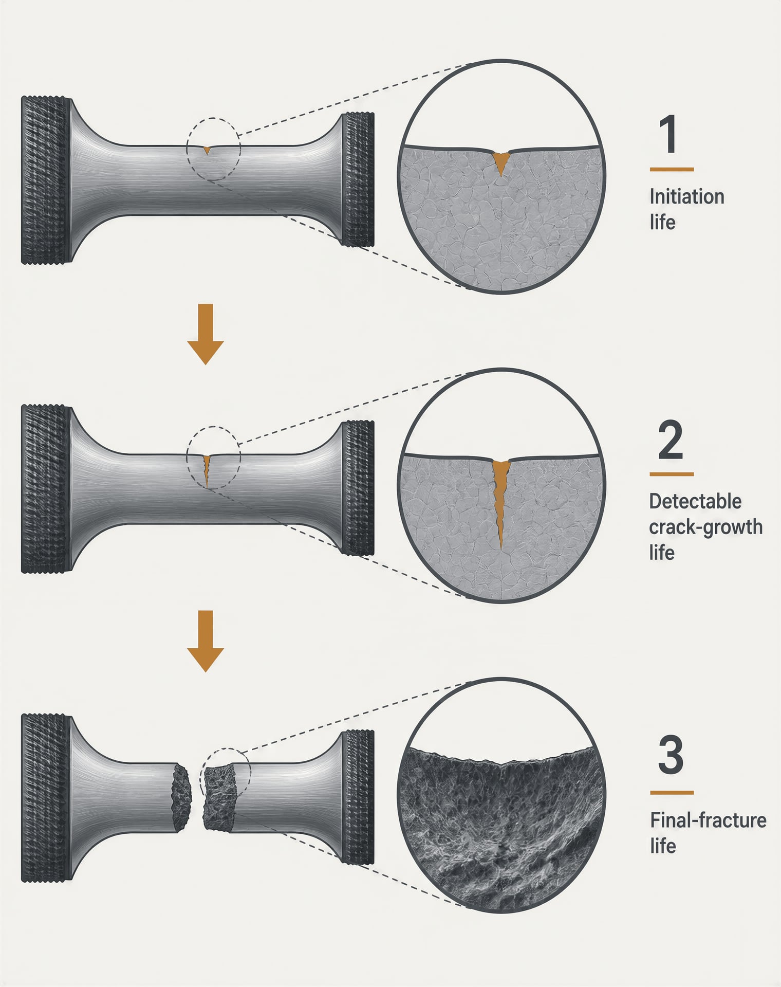 Three stages of fatigue damage from crack initiation to final fracture