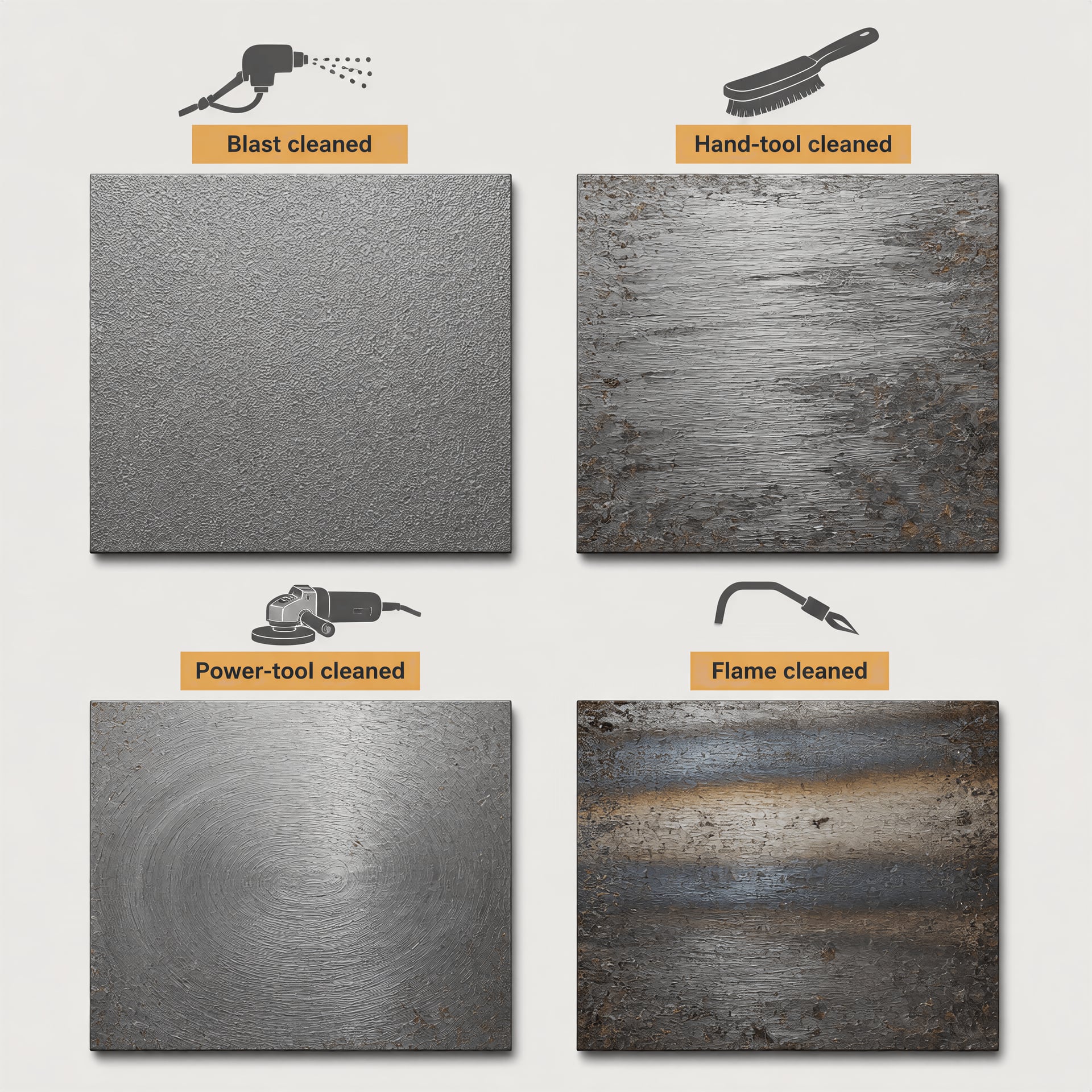Four-panel comparison of steel surface preparation methods