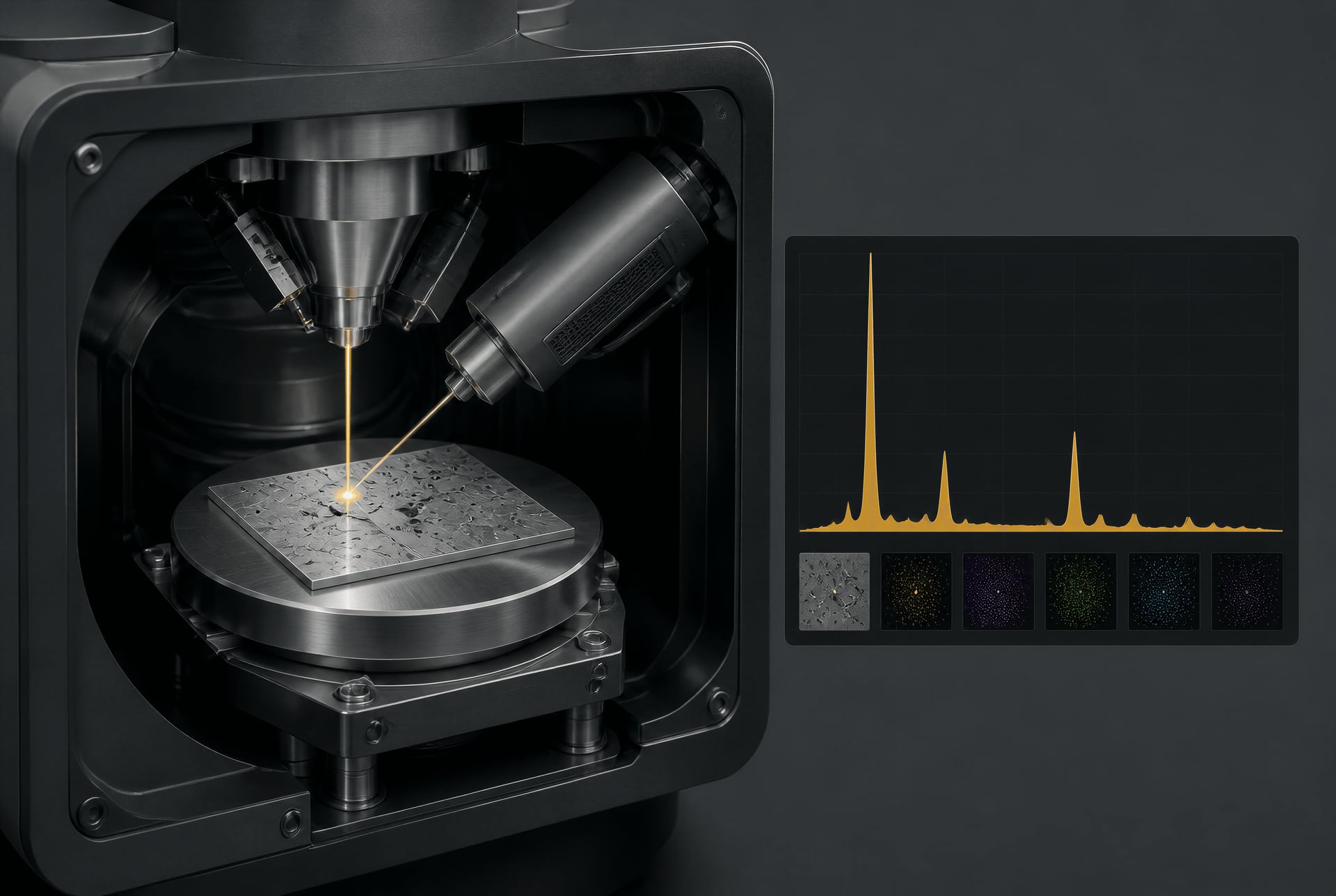 Scanning electron microscope setup analyzing a calcium-aluminate inclusion with EDS.