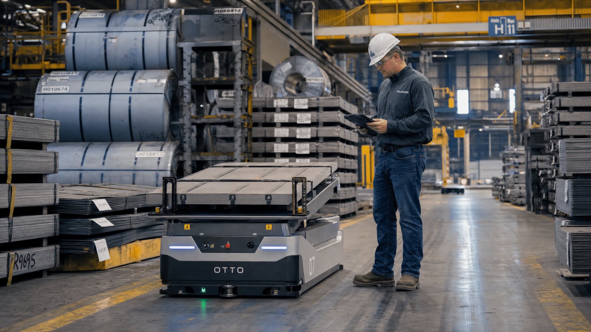 Engineer reviewing a mobile robot route between labelled steel bundles in a U.S. service center
