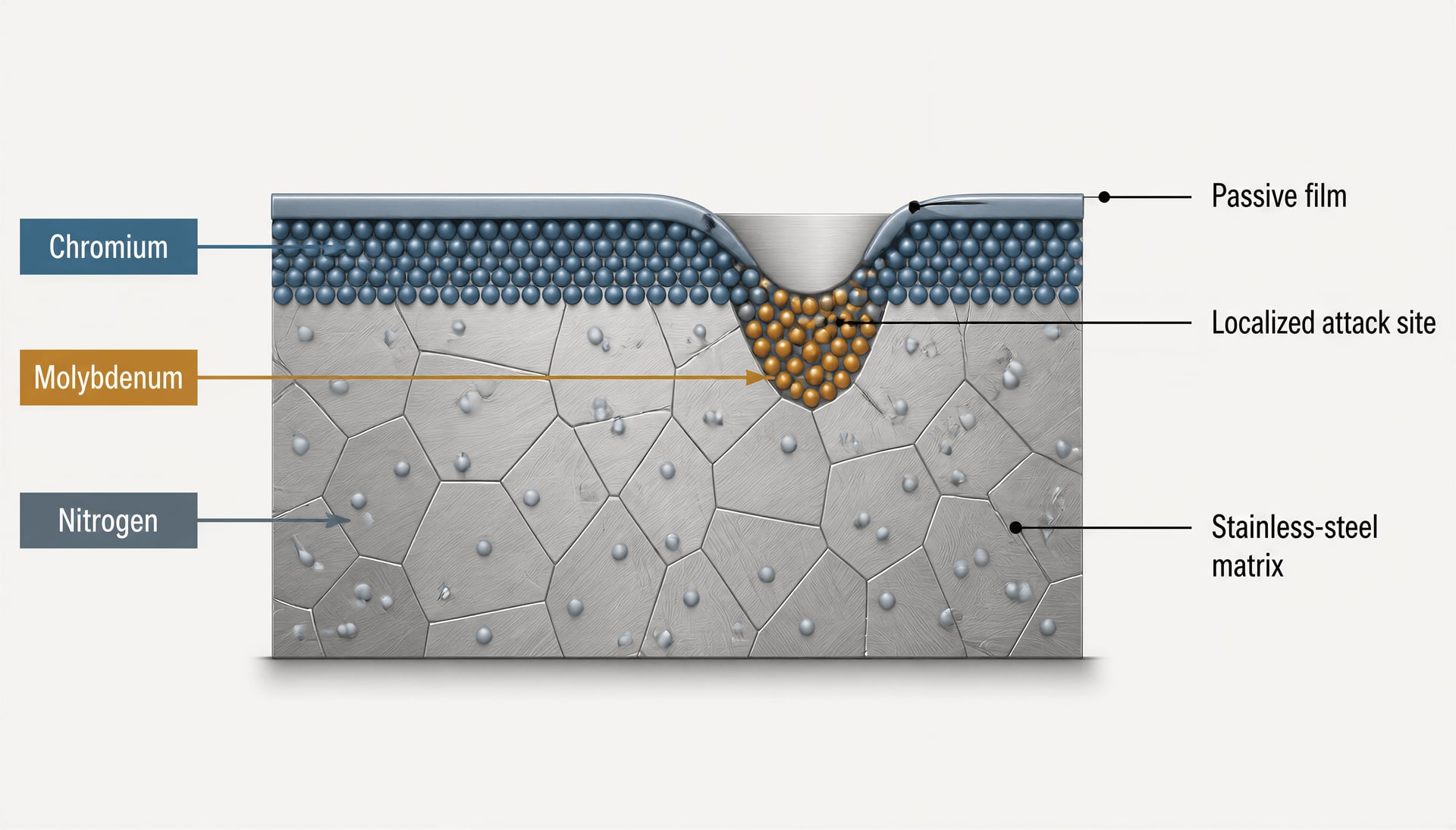 Diagram showing chromium, molybdenum and nitrogen in a stainless-steel microstructure and passive film.