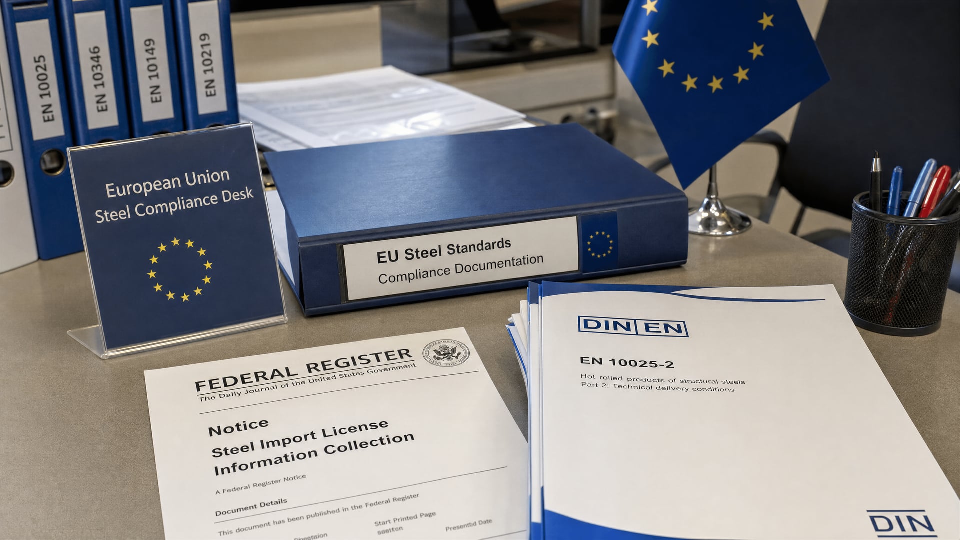 European Union steel compliance desk displaying a US Steel Import License notice beside EN standards documents