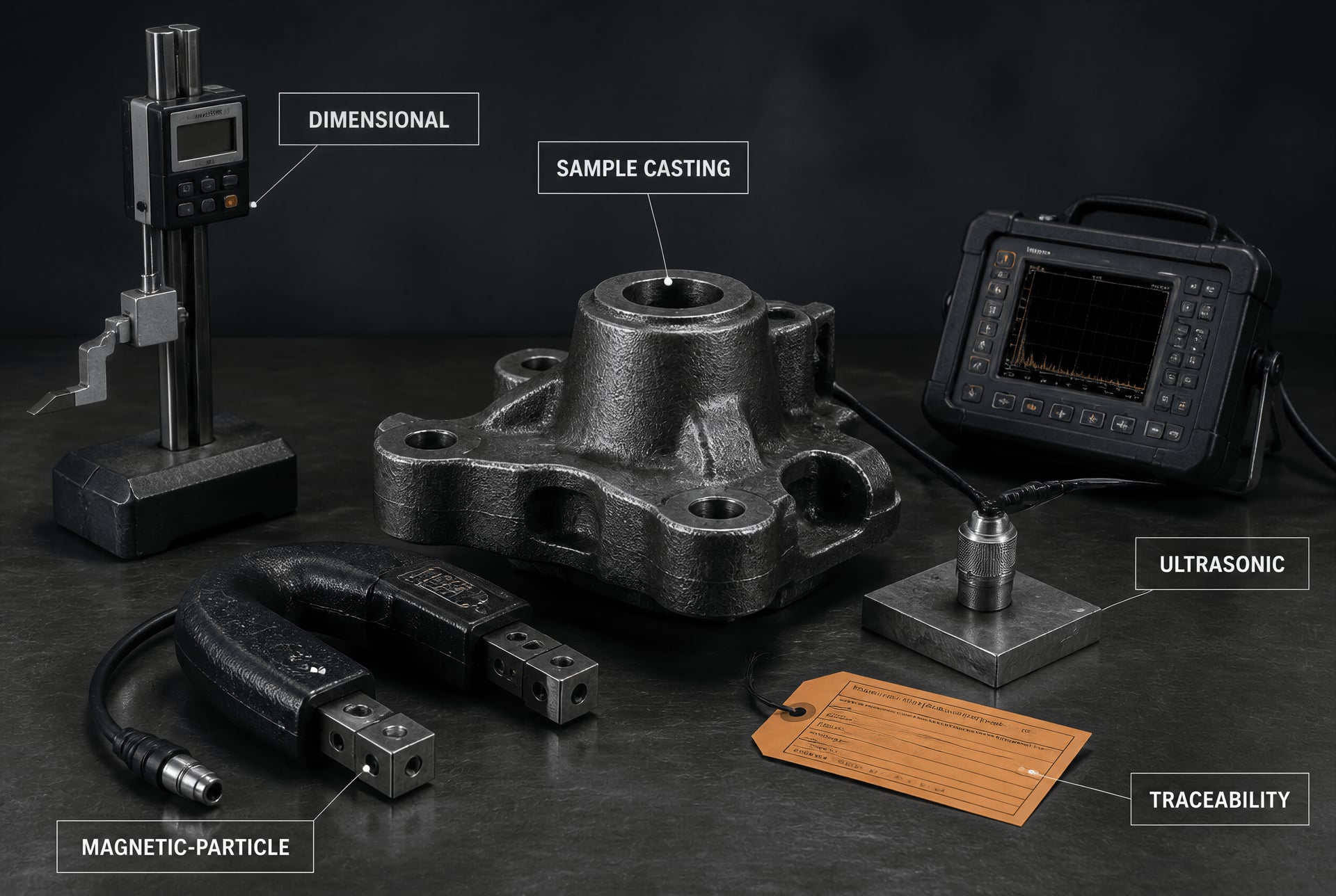 Sample steel casting undergoing dimensional and nondestructive inspection