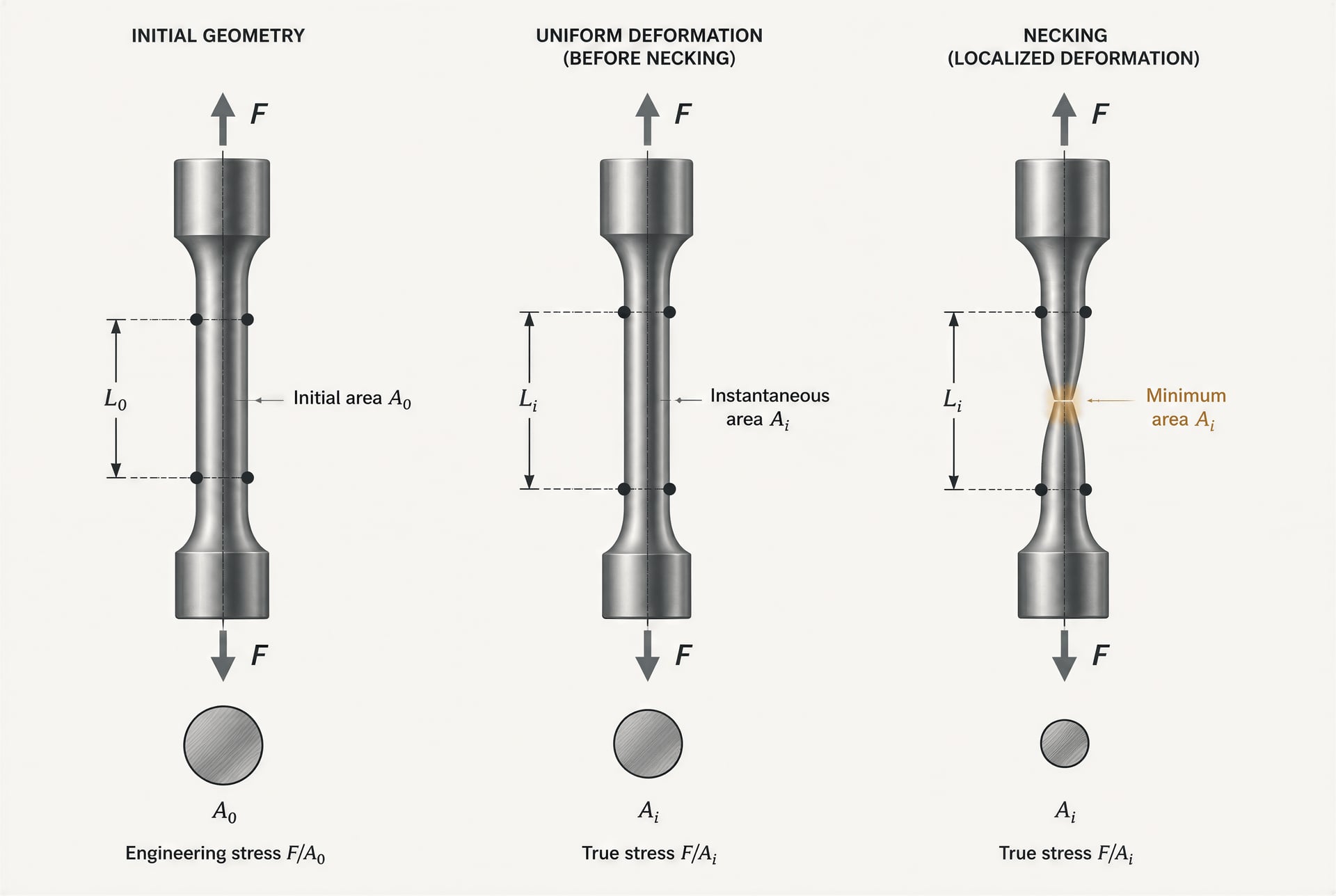 Three stages of a steel specimen comparing initial area with the necked area.