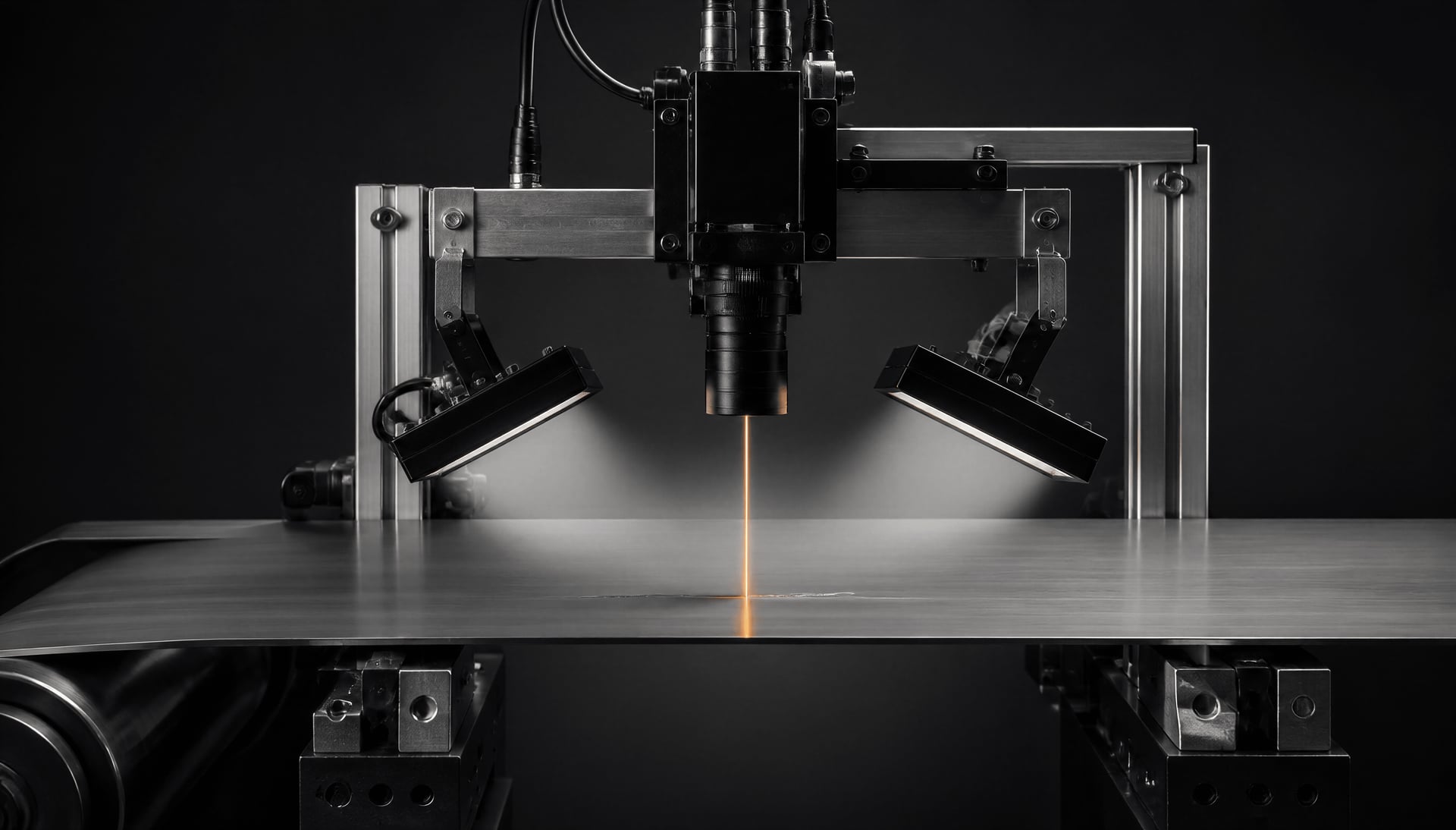 Line-scan cameras and lights inspecting a moving flat steel strip.