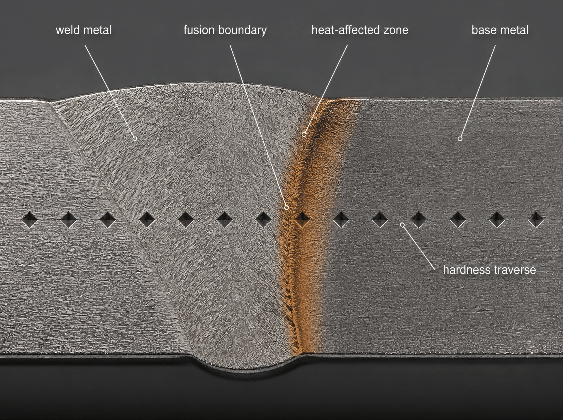 Steel weld cross-section with hardness indents across the weld metal and heat-affected zone