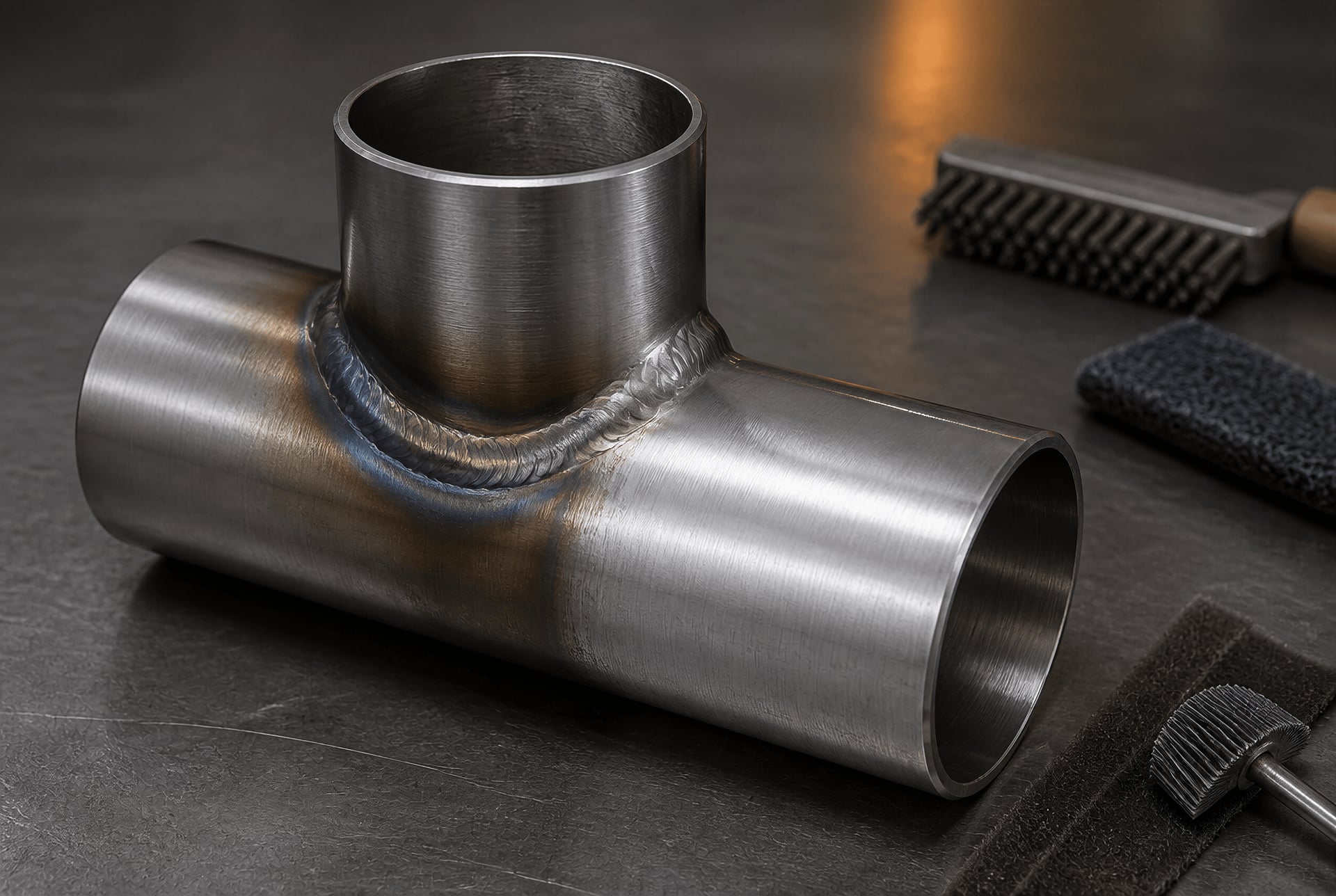Stainless-steel welded joint with heat tint beside a cleaned and finished surface
