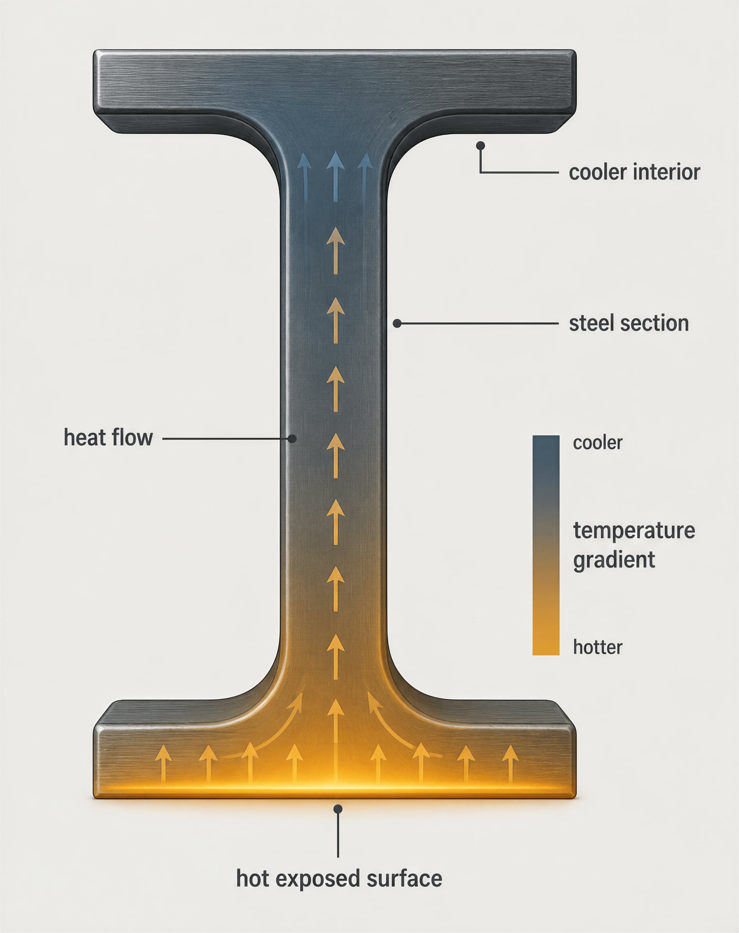 Cutaway steel I-section showing heat flowing from the exposed flange toward the cooler interior.