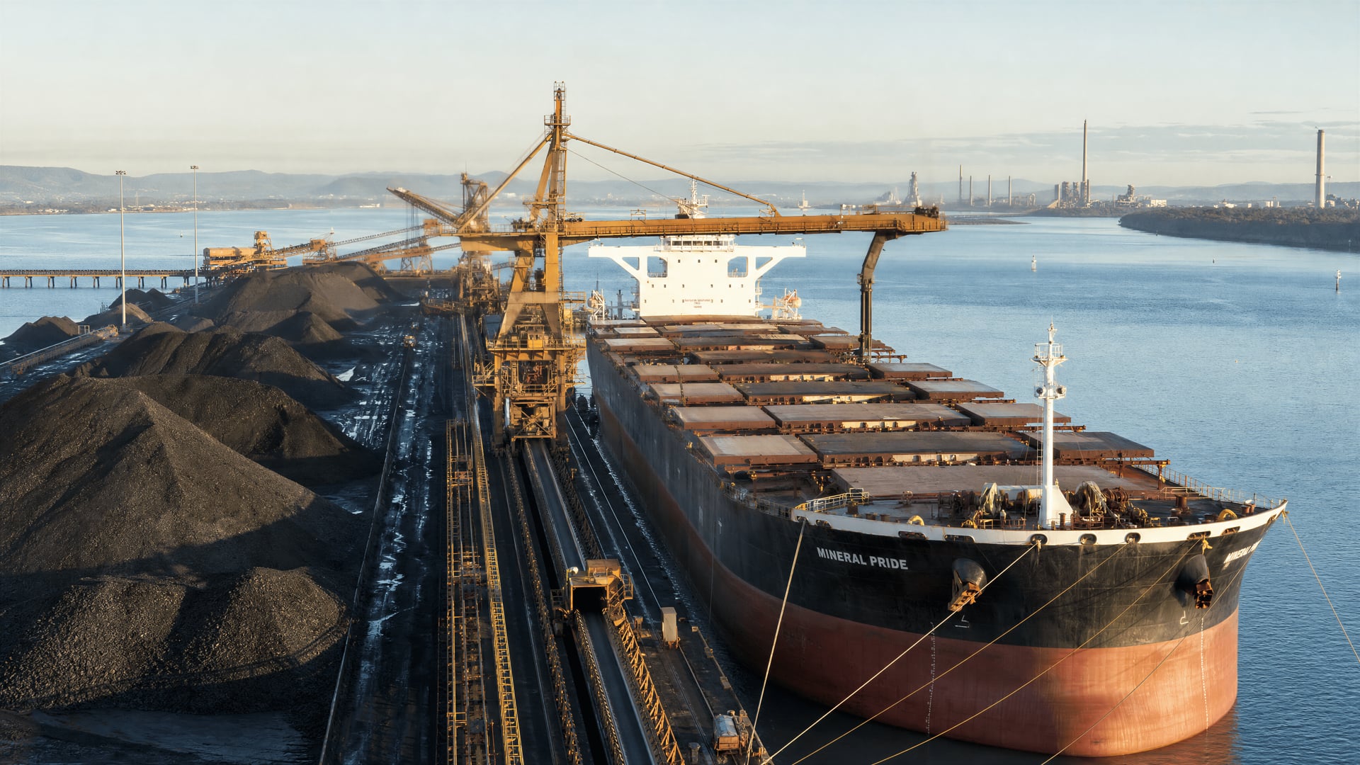 Australian bulk terminal stockpiles beside a vessel loading coking coal