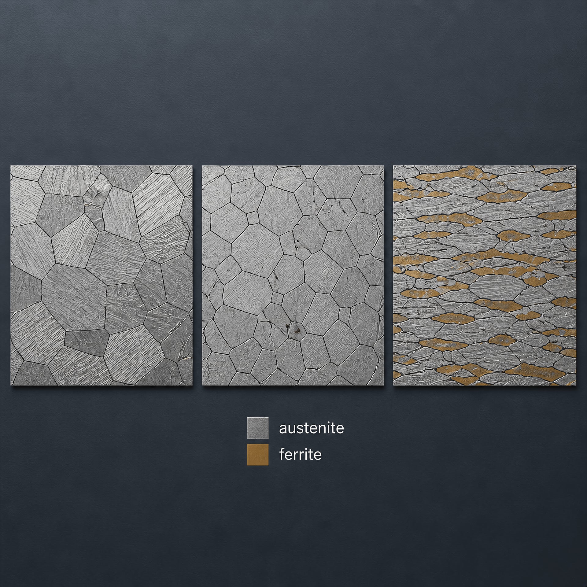 Three metallographic views of austenitic, ferritic and duplex stainless-steel microstructures
