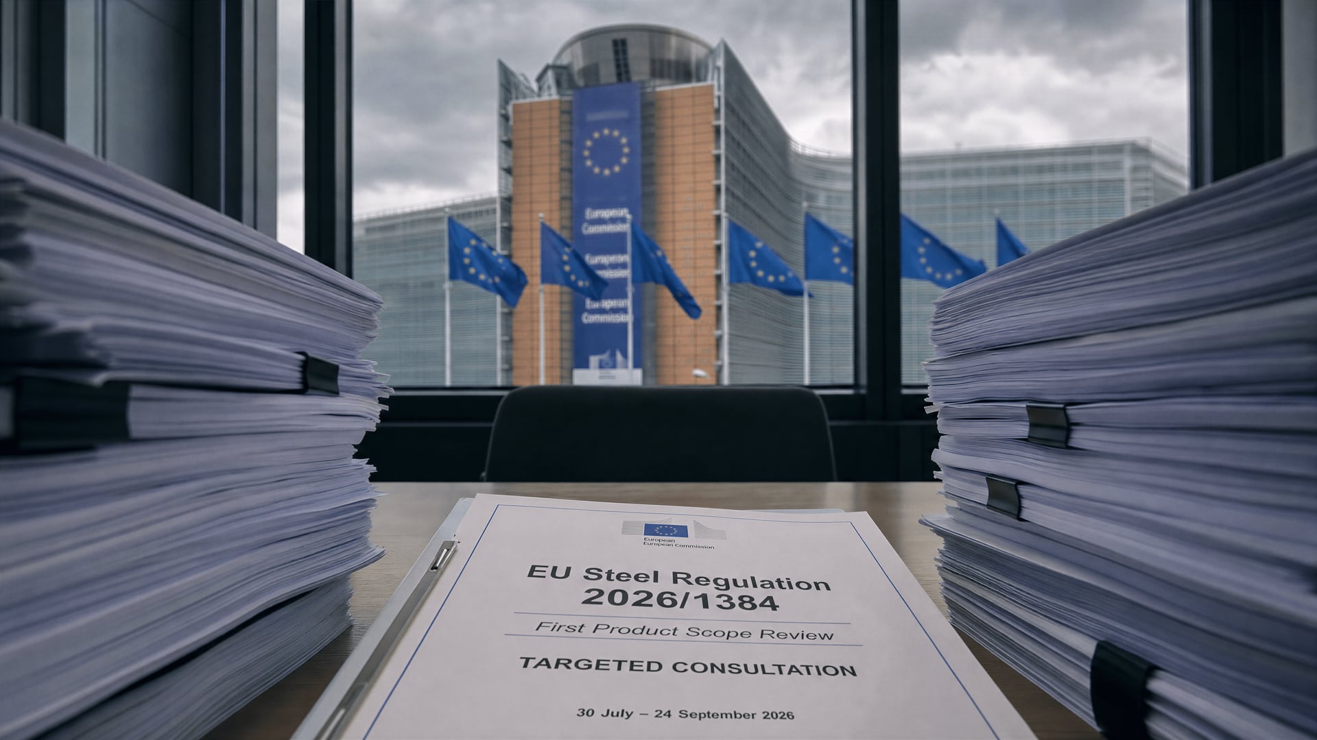 European Commission offices in Brussels with EU Steel Regulation consultation papers on a desk