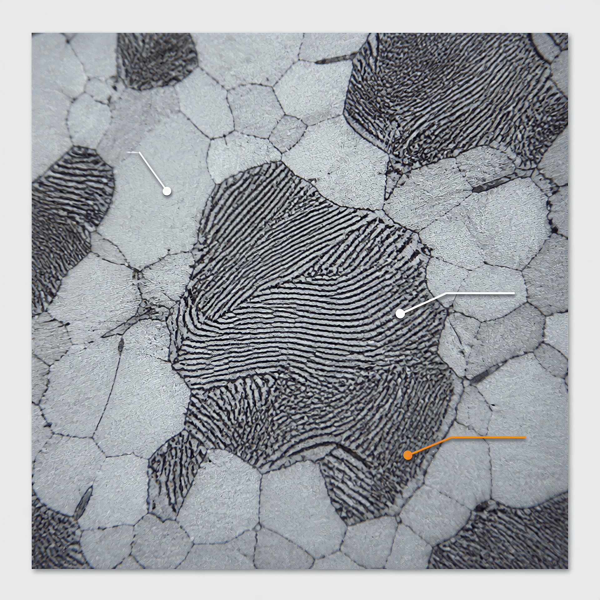 Metallographic view of ferrite grains, pearlite colonies, and cementite